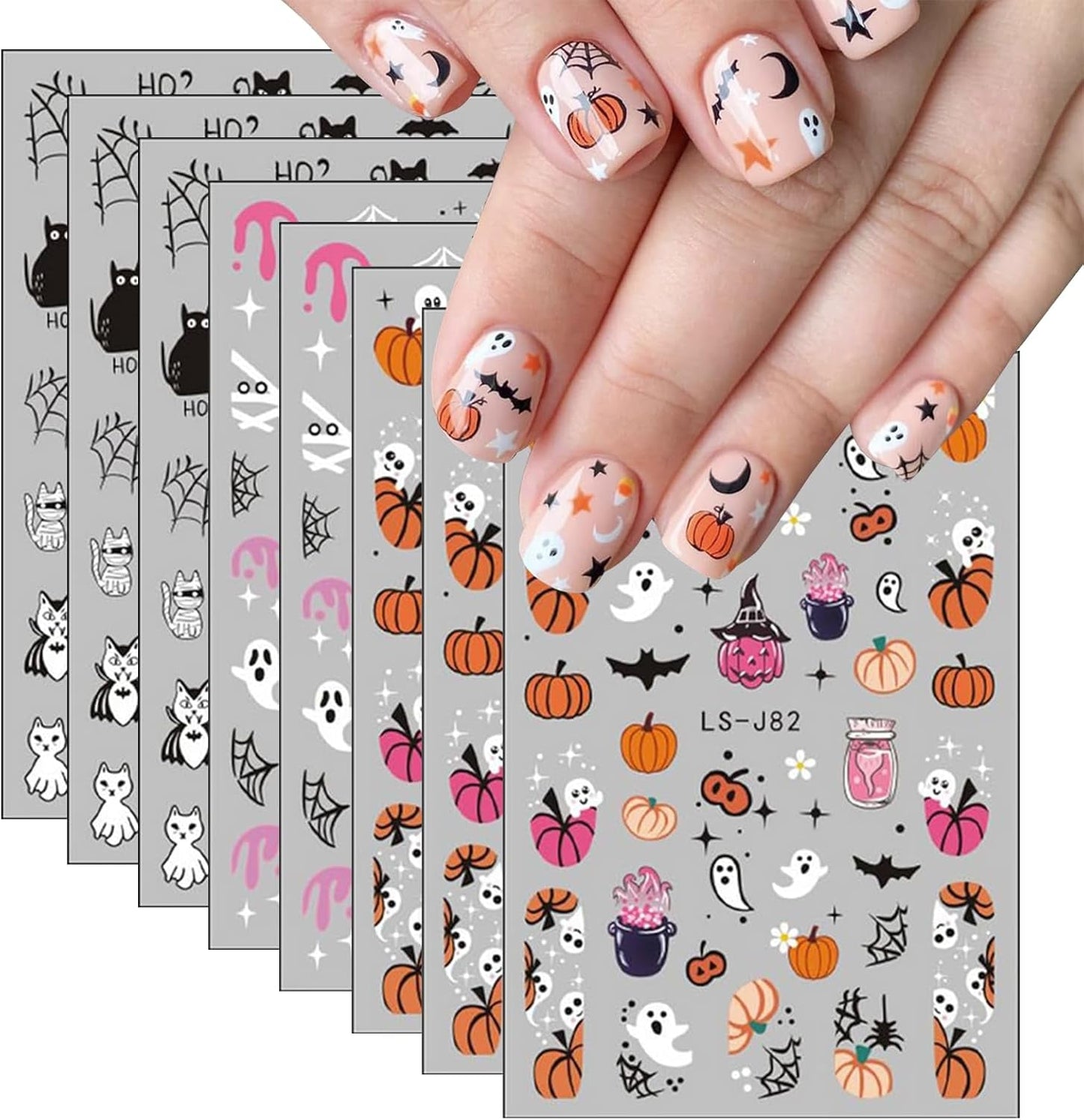 Nagelsticker Halloween, 8 Blätter Halloween Nagel Sticker, Kürbis Nail Sticker, Nail Art, Nagel Charms, Nagel Zubehör, Nageldesign, Vánoce (Typ A)