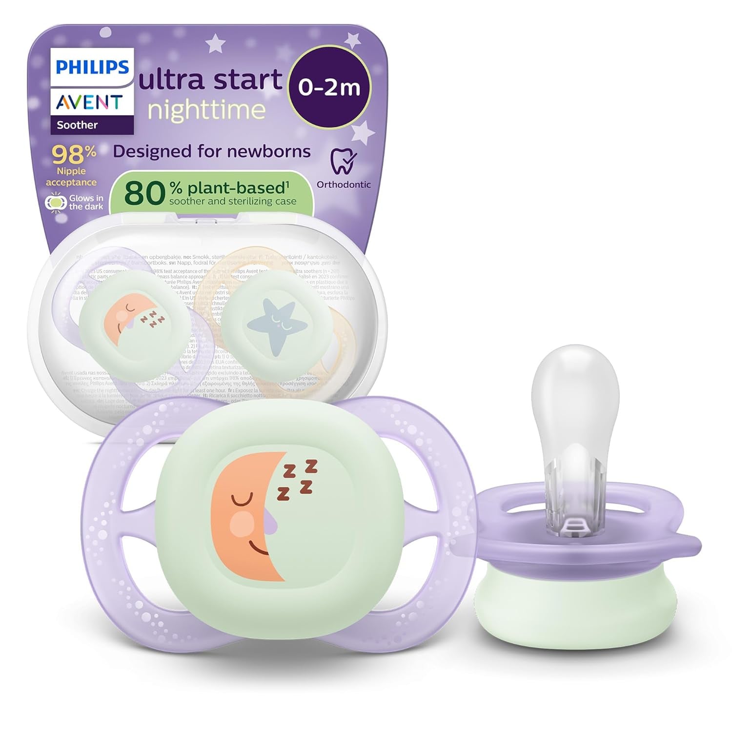 Noční dudlík Philips AVENT Ultra Start, ortodontický dudlík pro novorozence, zářící ve tmě, bez BPA, se sterilizační nádobkou, dvojité balení, měsíc, hvězda, SCF075/07
