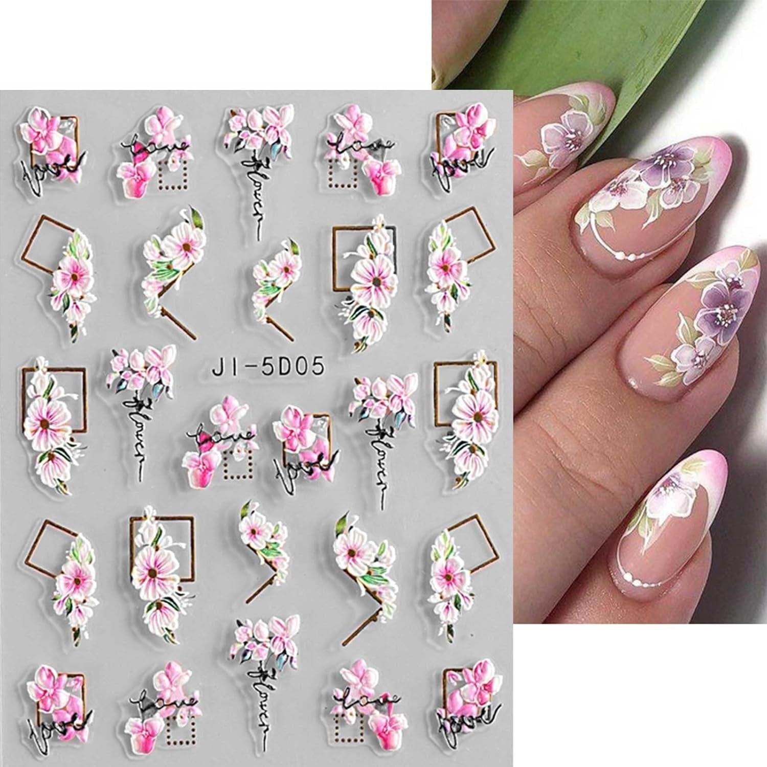 JMEOWIO 3D Nálepka na nehty Frühling Blume Nálepka na nehty Selbstklebend Nagelaufkleber 5D Stereoskopisch Buntes Letní Blumen Dekorace Nageldesign Zubehör 4 Blatt