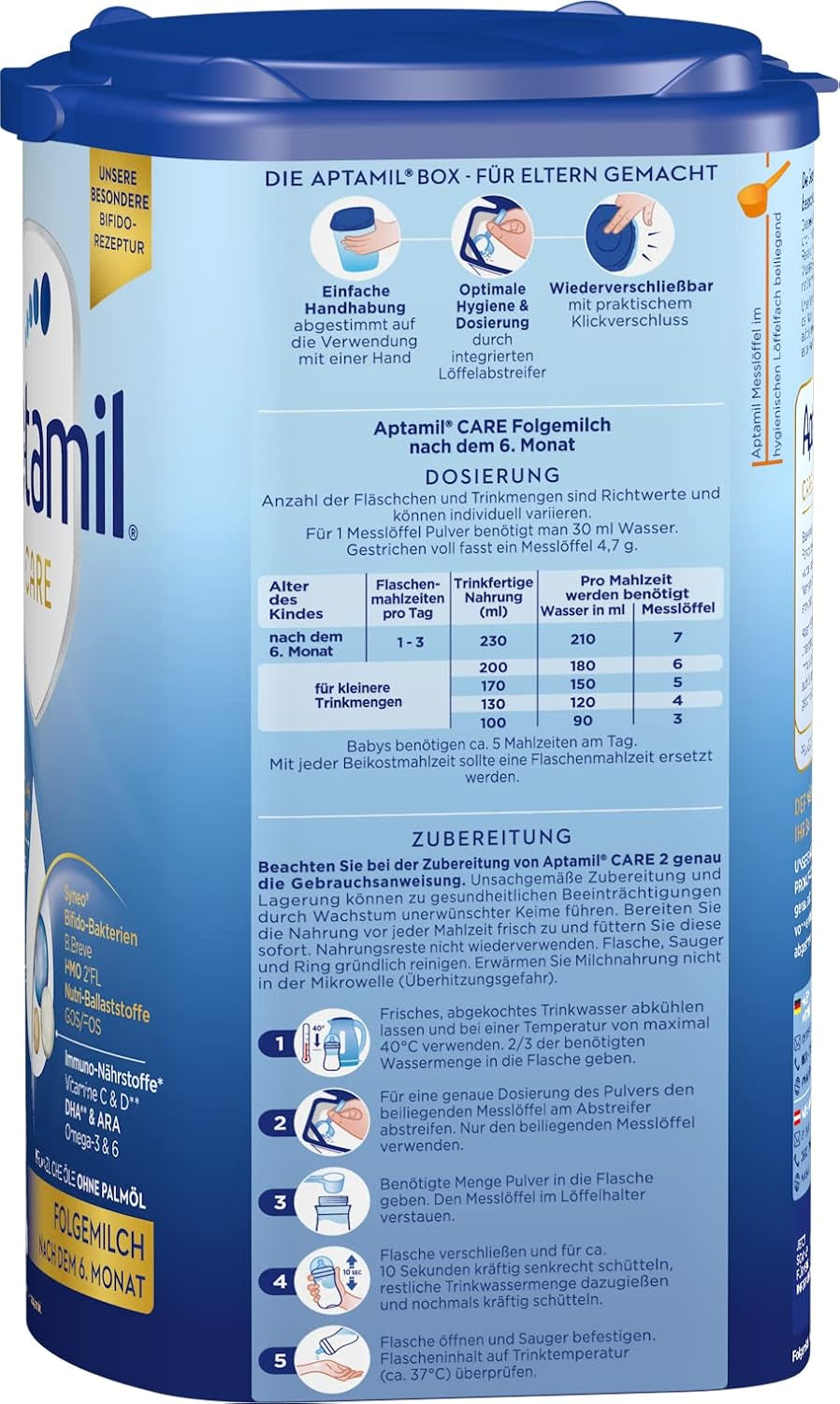 Aptamil Care 2 - Pokračovací mléko po 6 měsících, s Omega 3 a 6, DHA a ARA, bez palmového oleje, dětská výživa, sušené mléko, 1 x 800 g (balení 6 ks)