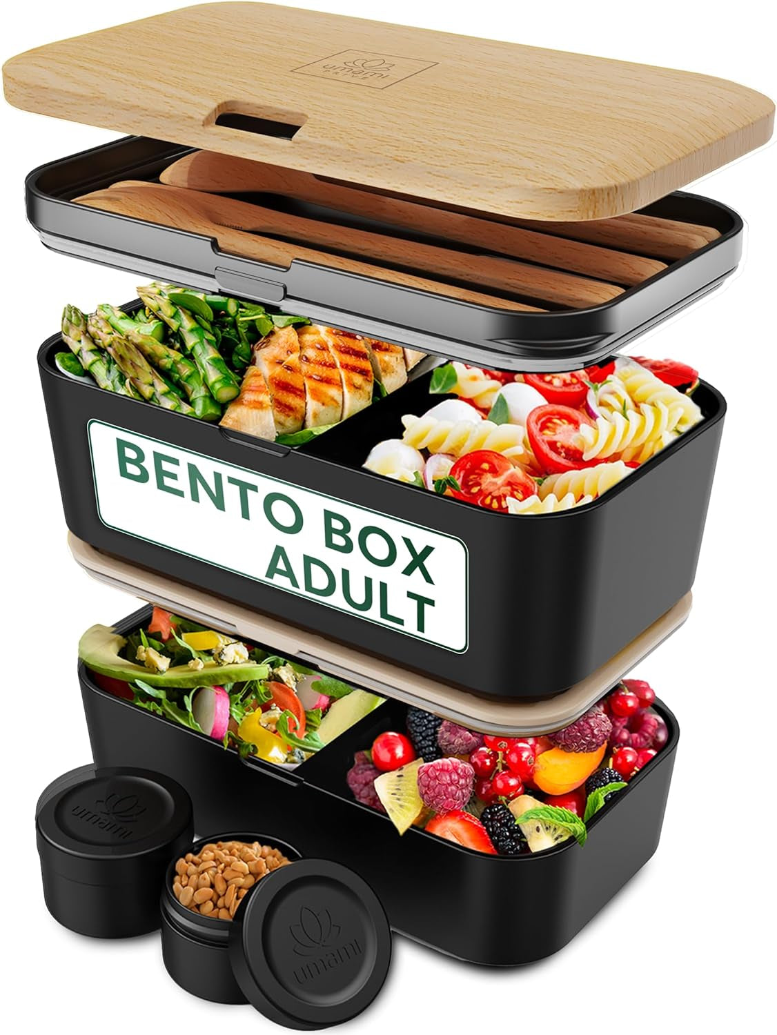 Box na oběd Umami pro dospělé, 4 netěsnící stohovací box Bento box, box na oběd pro dospělé, nádoba na saláty, piknikový / kancelářský box na oběd, šedá uhlí, 1500 ml Naty Shop Černý buk Skladovací boxy na potraviny - 1500 ml, každý stoh Další 1500 Ml