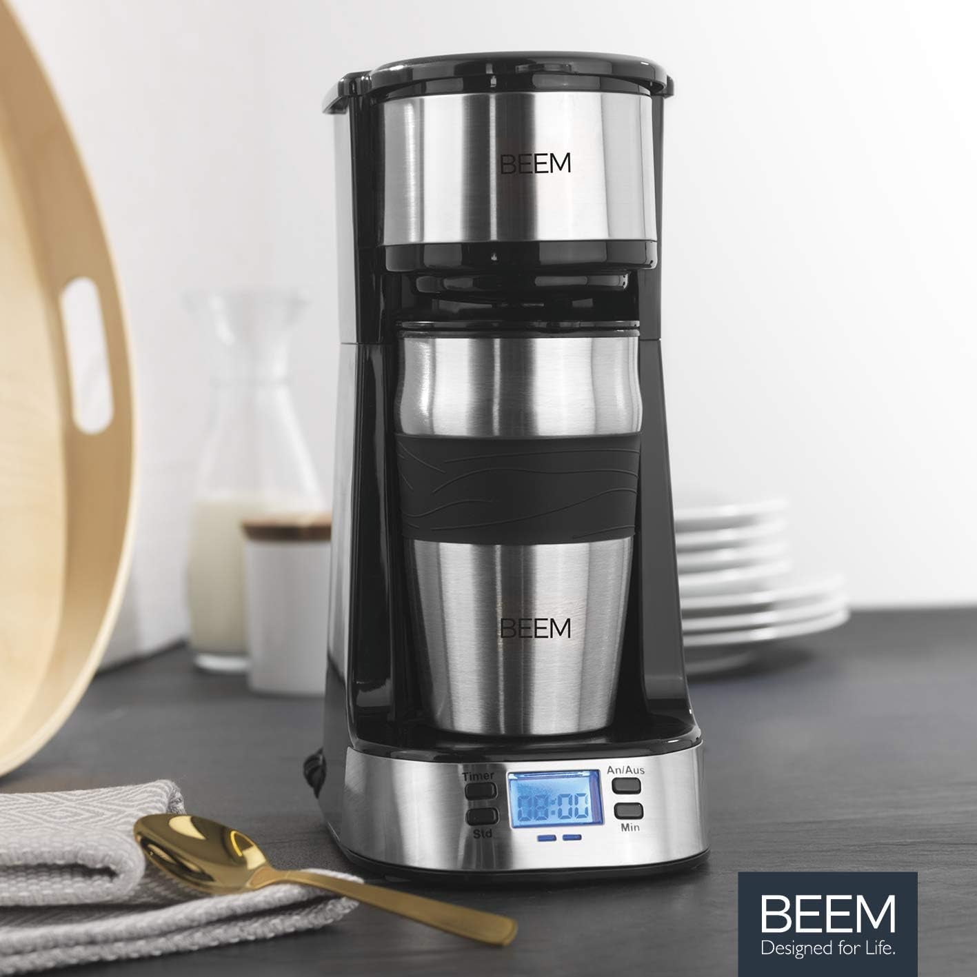 Jednofiltrační espresso BEEM THERMO 2 GO s termohrnkem o objemu 0,4 l | Permanentní filtr | S 24hodinovým časovačem pro ranní šálek horké kávy, žádné čekání | 750 W