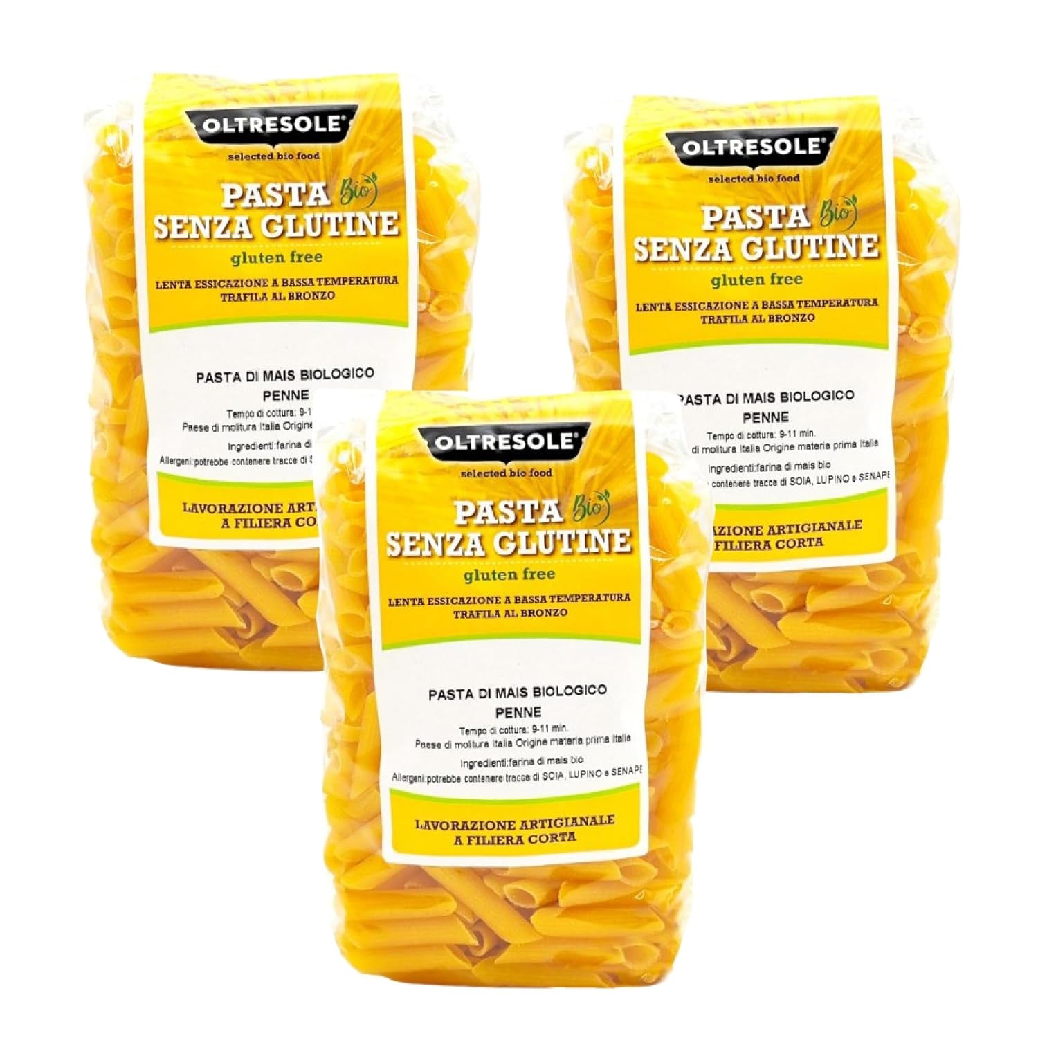 - Těstoviny di Mais Giallo Biologica Italiana bez lepku, Formato Penne - bezlepkové těstoviny, 100% farina di mais giallo bio, vegan, confezione da 3 pacchi da 350 g