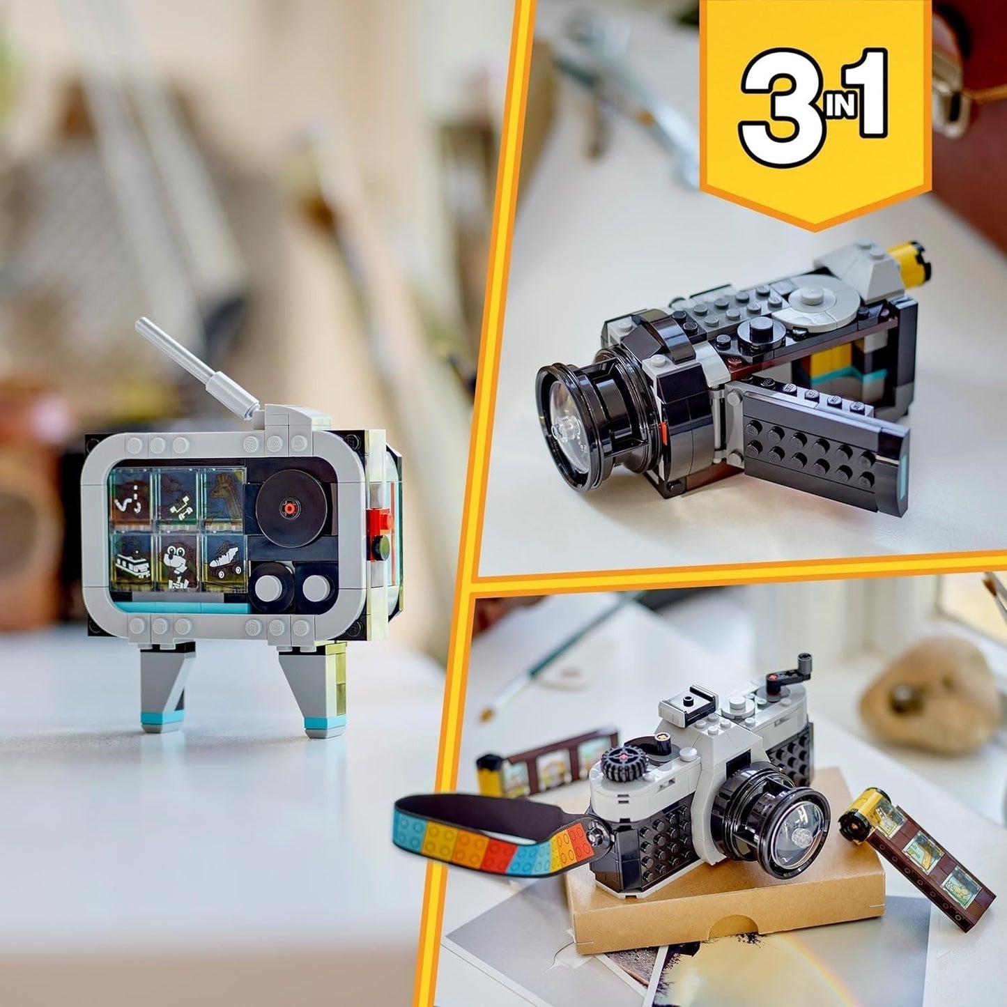 LEGO Creator 3v1 retro hračka s fotoaparátem, videokamera, televizor, dětské dekorace na stůl nebo doplňky do ložnice, fotografické dárky pro dívky a chlapce 8 let 31147 Stavebnice Besuche den LEGO-Store