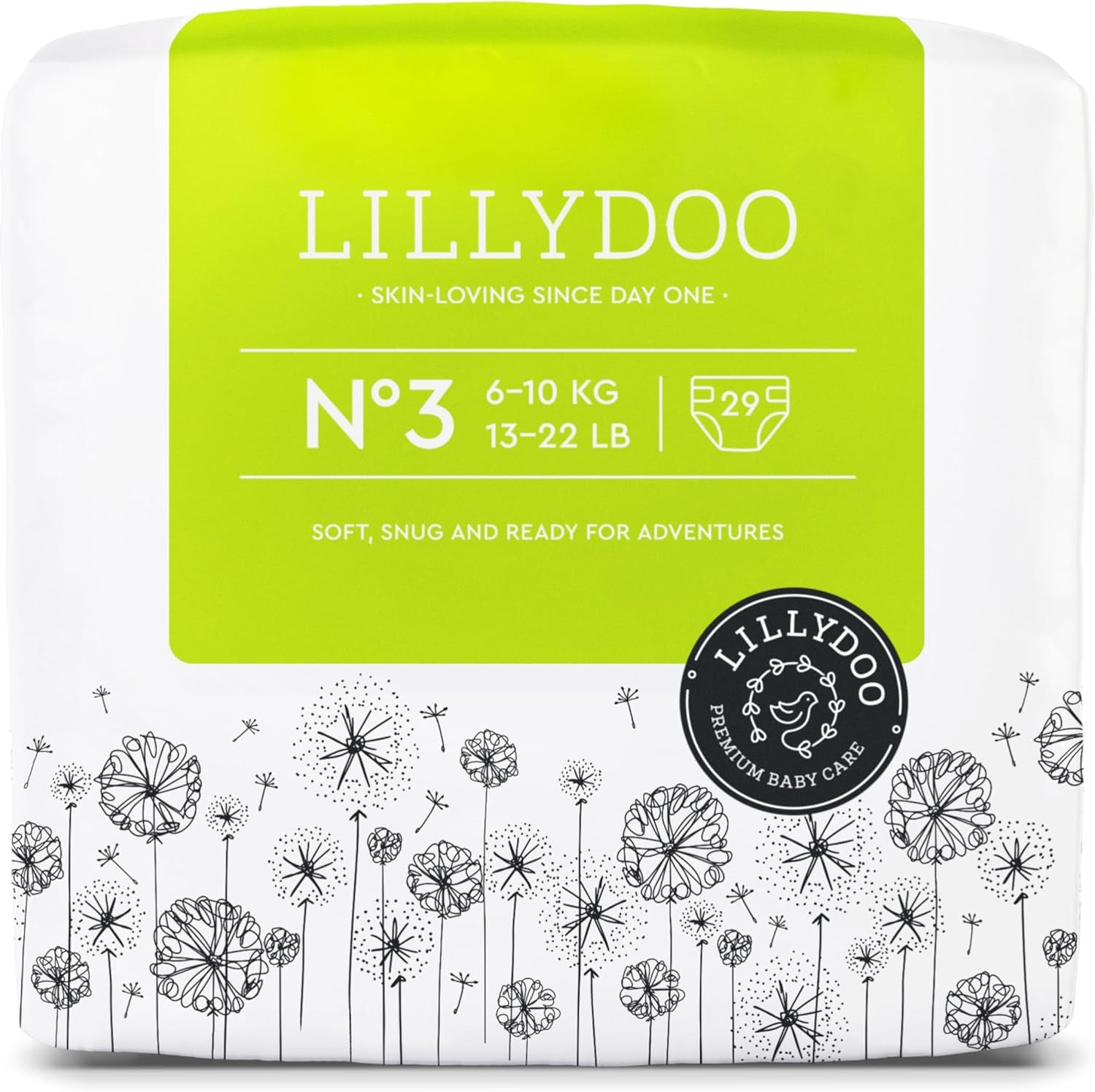 Dětské plenky LILLYDOO šetrné k pokožce – velikost 3 (6–10 kg), 29 kusů, spolehlivá ochrana proti vytečení, měkké, bez parfemace a bez mléka pro citlivou pokožku, dermatologicky testováno