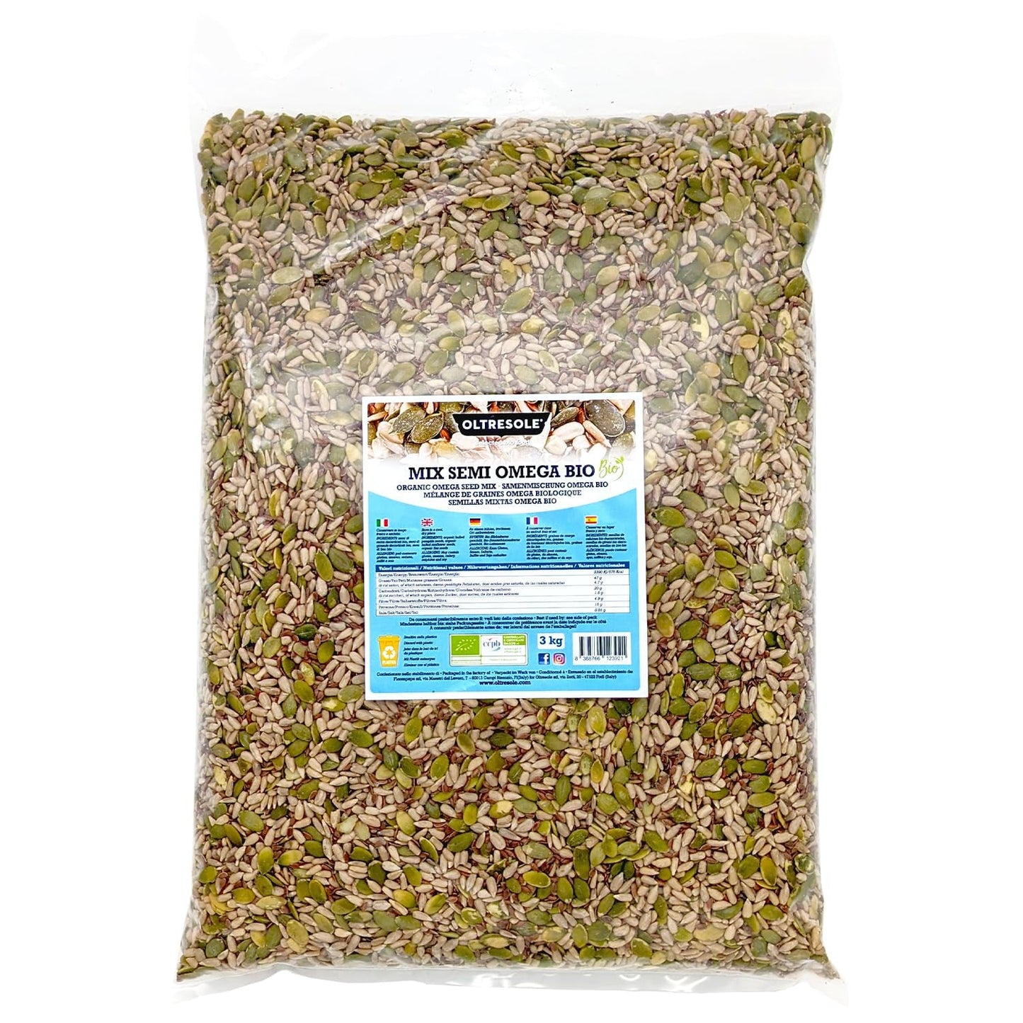 Bio Omega Seed Mix 3 kg (směs dýňových, slunečnicových a lněných semínek), směs 3 celých syrových olejnatých semen, bohatá na bílkoviny, vlákninu a omega-3 mastné kyseliny