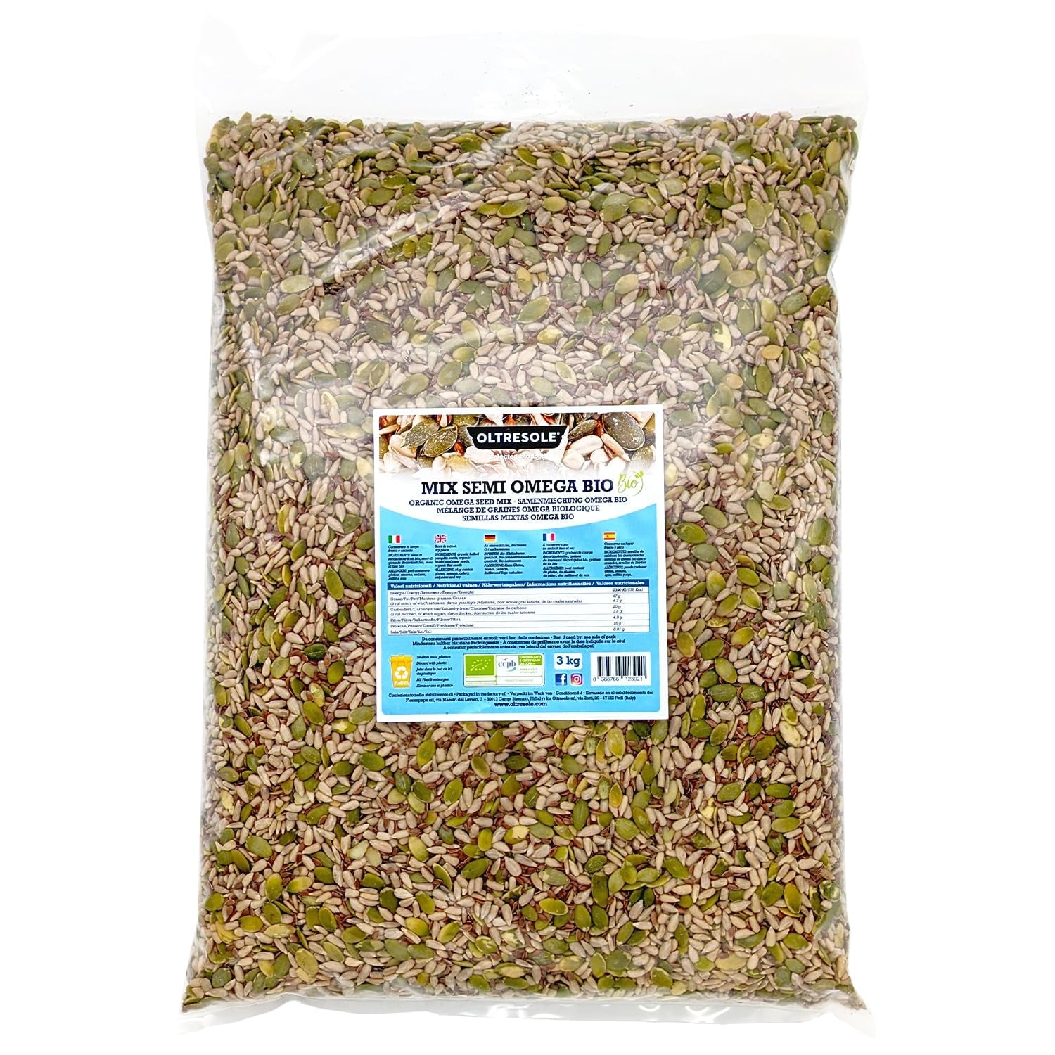 Bio Omega Seed Mix 3 kg (směs dýňových, slunečnicových a lněných semínek), směs 3 celých syrových olejnatých semen, bohatá na bílkoviny, vlákninu a omega-3 mastné kyseliny