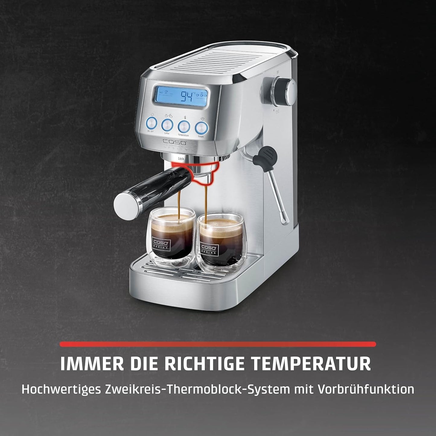 CASO EspressoGourmet Crema - espresso kávovar Portafilter s napěňovačem mléka, espresso, cappuccino, nerezový portafiltr, pumpa ULKA 20 bar, kávovar, mletá káva, kapsle ESE