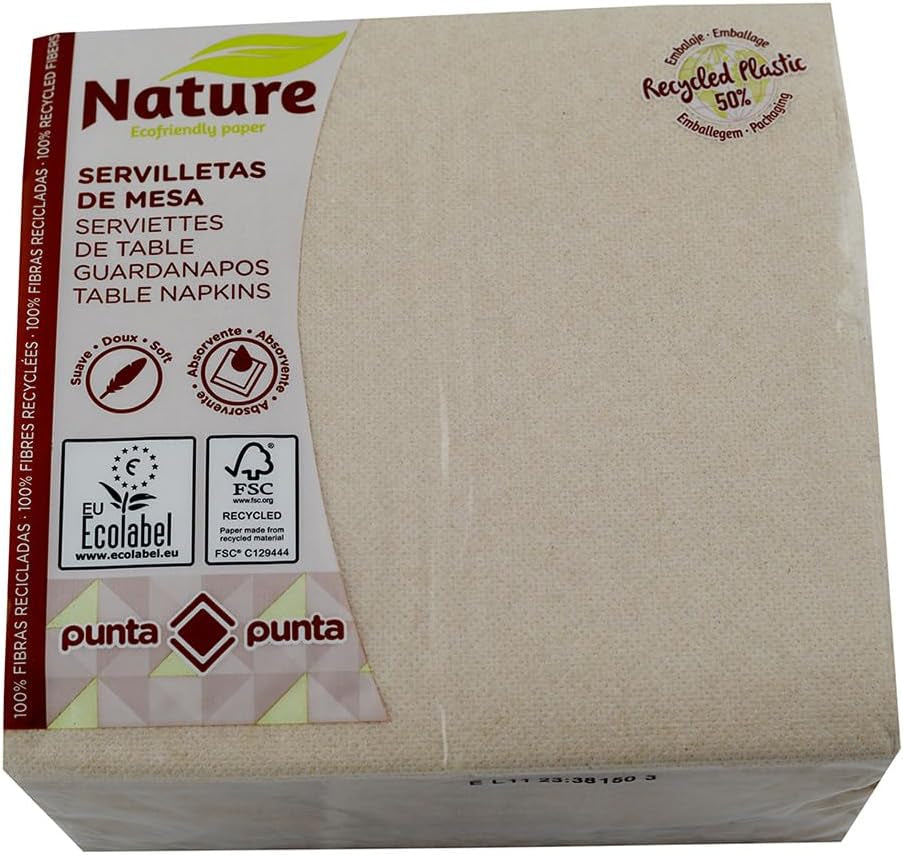 Recyklované papírové ubrousky, 2vrstvé, ekologické, 100% recyklovaná vlákna, 50% recyklovaný plastový obal, 33 x 33 cm.