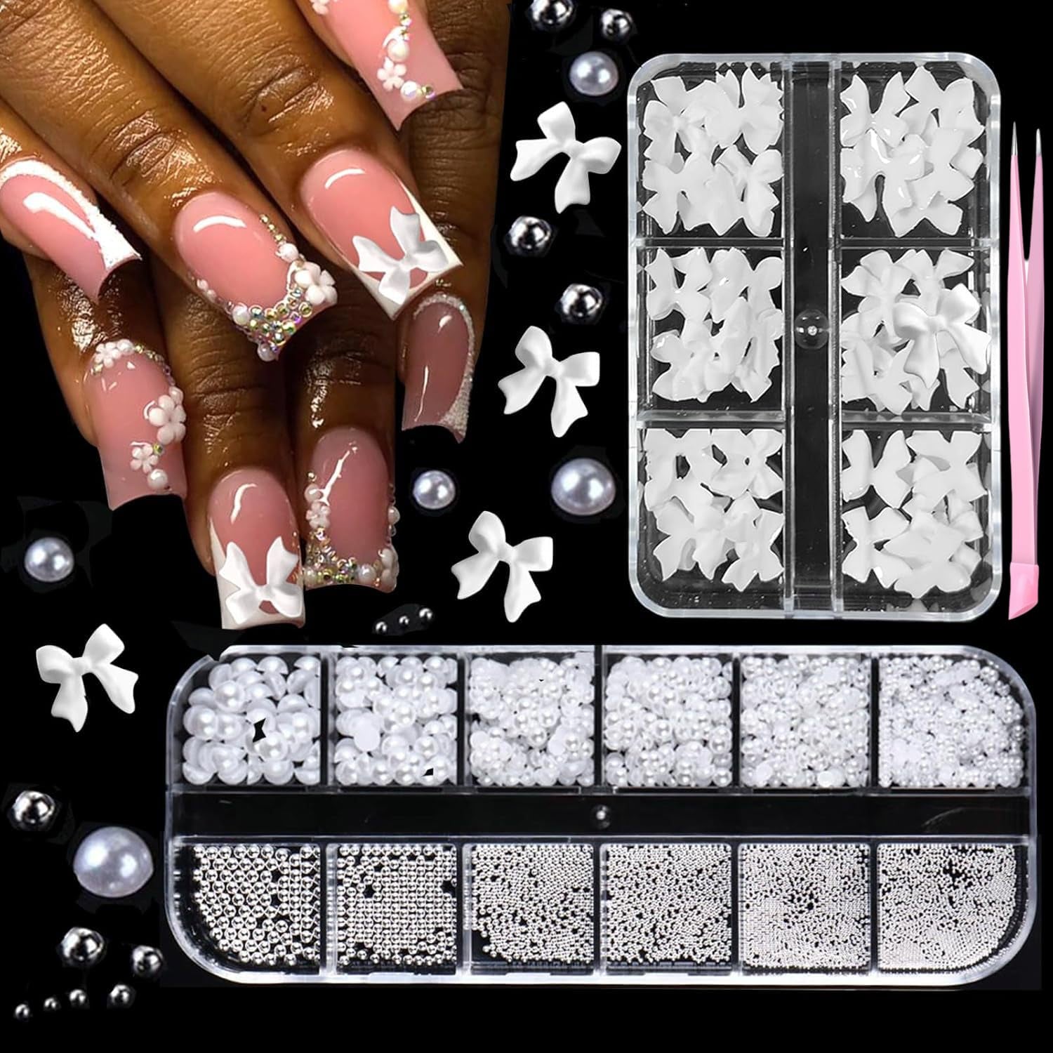 GZMAYUEN 920Pcs Zlatá Stříbrná Perlen s plochým zády pro nehty, Halbrunde Weiße Beige Perlen na nehty, Kleine Halbrunde Perlen s plochým zadním dílem Für DIY Nail Art Decor