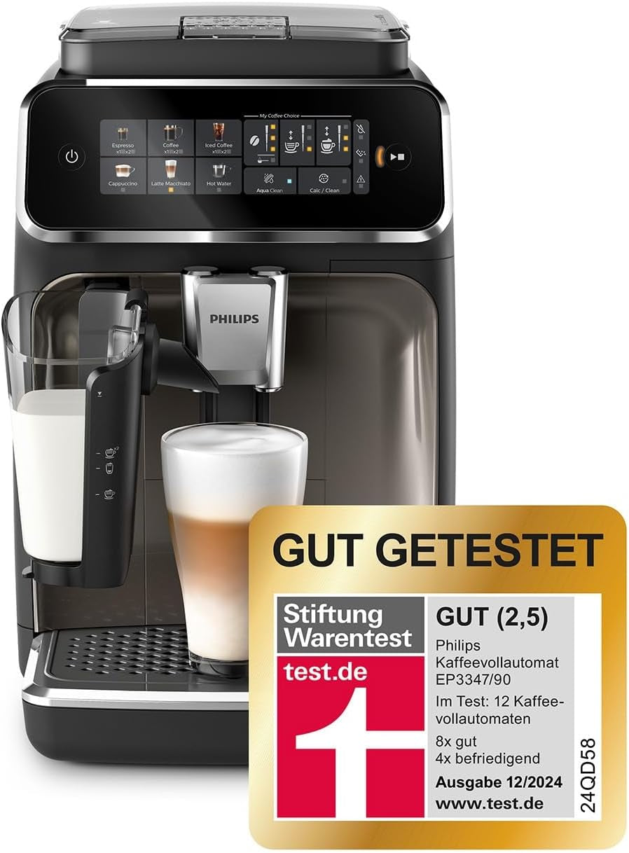 Automatický kávovar PHILIPS řady 3300 - 6 nápojů, moderní barevný dotykový displej, systém přípravy mléka LatteGo, SilentBrew, 100% keramický mlýnek, filtr AquaClean. Černý chrom (EP3347/90)