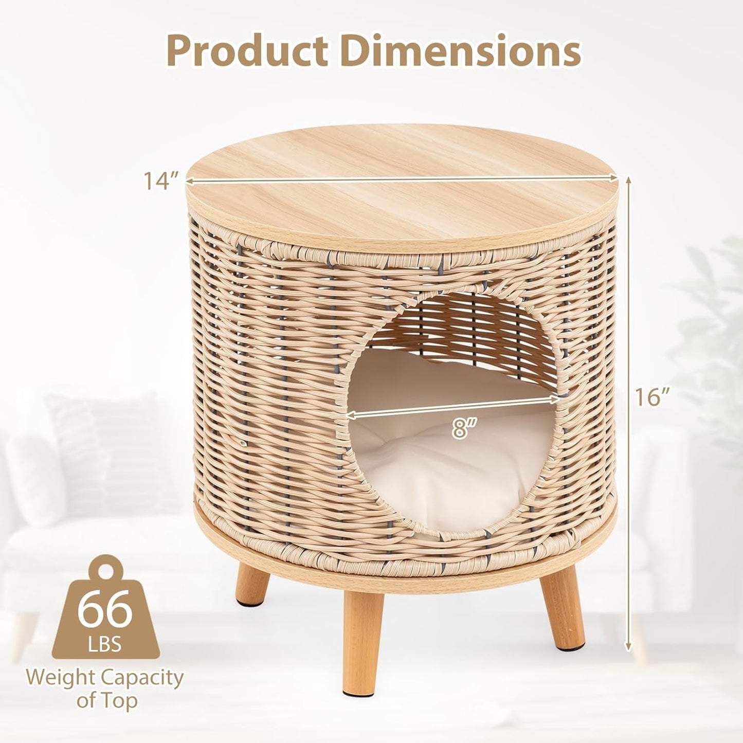Katzenhaus Rattan, Katzenmöbel mit Holzbeinen & soft Kissen, 3v1 Katzenhöhle Fußhocker Nachttisch, Katzenbett stabil bis 30 kg für Wohnzimmer Schlafzimmer