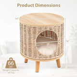 Katzenhaus Rattan, Katzenmöbel mit Holzbeinen & soft Kissen, 3v1 Katzenhöhle Fußhocker Nachttisch, Katzenbett stabil bis 30 kg für Wohnzimmer Schlafzimmer