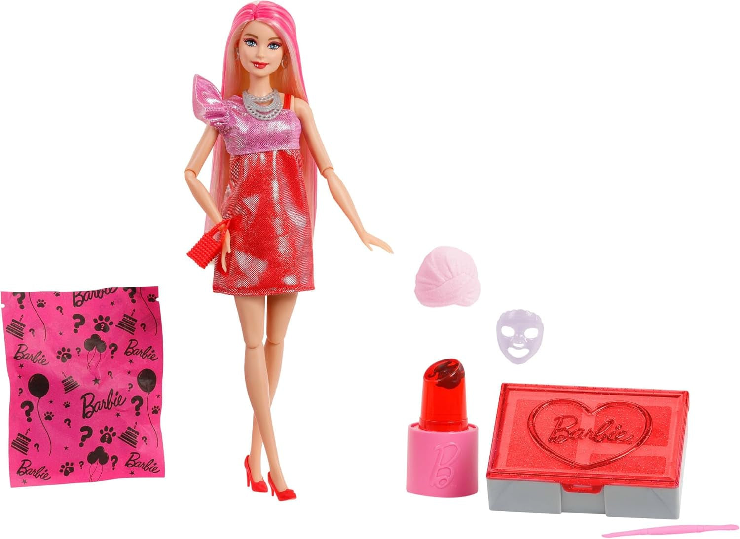Barbie Party panenka bez krabice a doplňků, série Glam Party s 10 překvapeními, včetně jasně červené panenky s efektem změny barvy, JFY68
