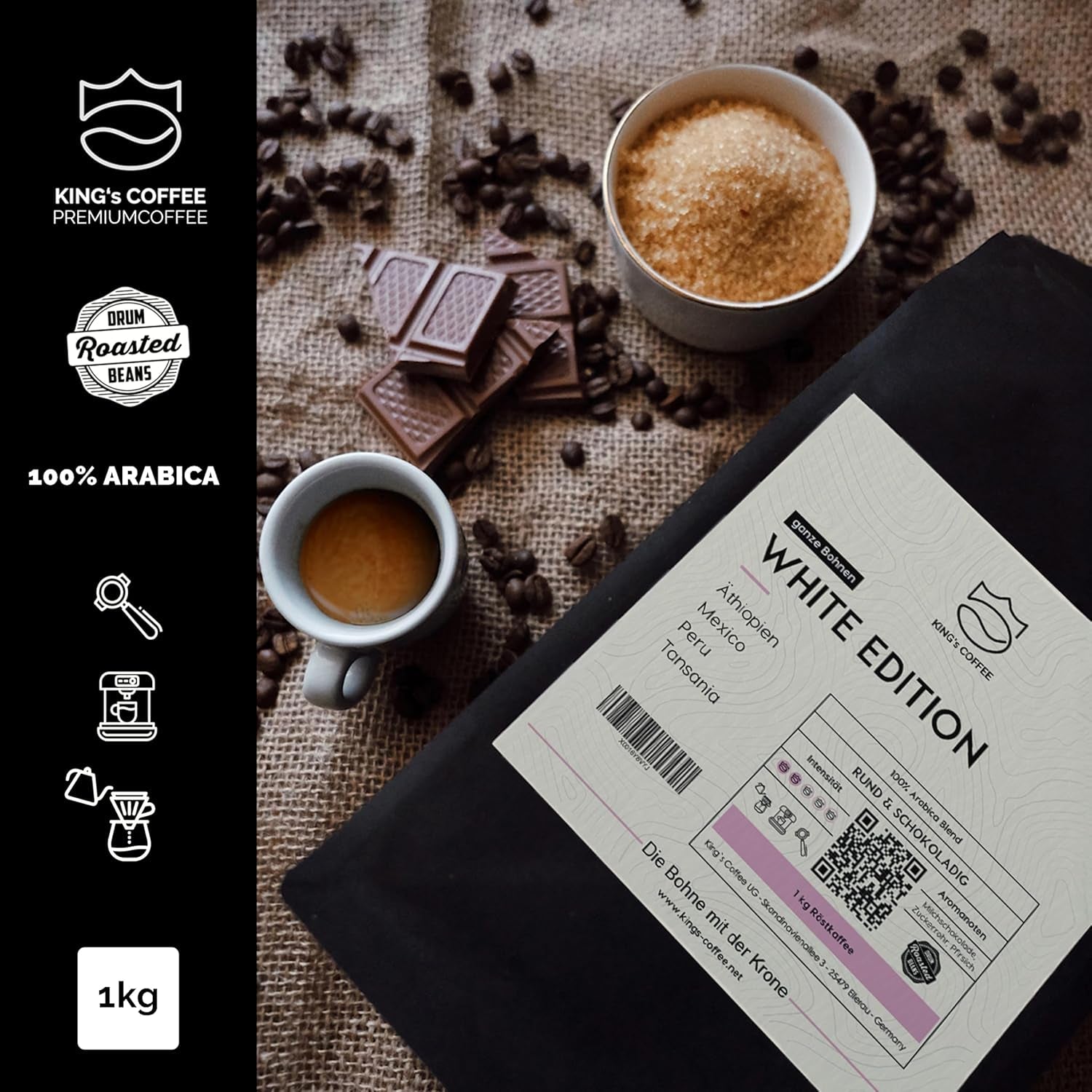 KING'S COFFEE - WHITE EDITION - lehká směs 100% Arabica z Etiopie, Mexika, Peru a Tanzanie - pražení malých dávek v Itálii - celá zrna espressa pro portafiltrační stroje - 1 kg