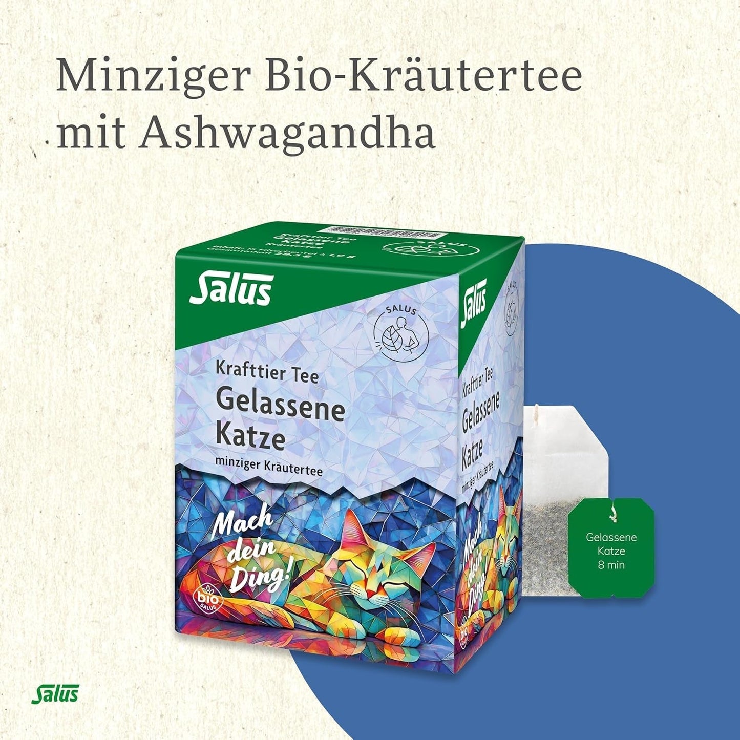 Salus - Čaj Krafttier - The Quiet Cat - 1X 15 filtračních sáčků (28,5 g) - Mátový bylinný čaj s Ashwagandhou - BIO