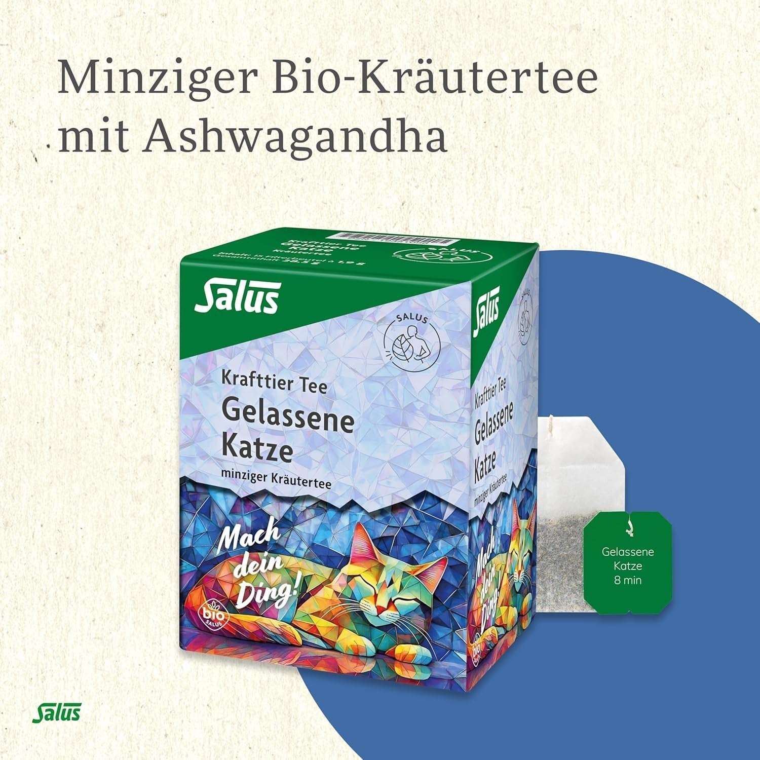 Salus - Čaj Krafttier - The Quiet Cat - 1X 15 filtračních sáčků (28,5 g) - Mátový bylinný čaj s Ashwagandhou - BIO