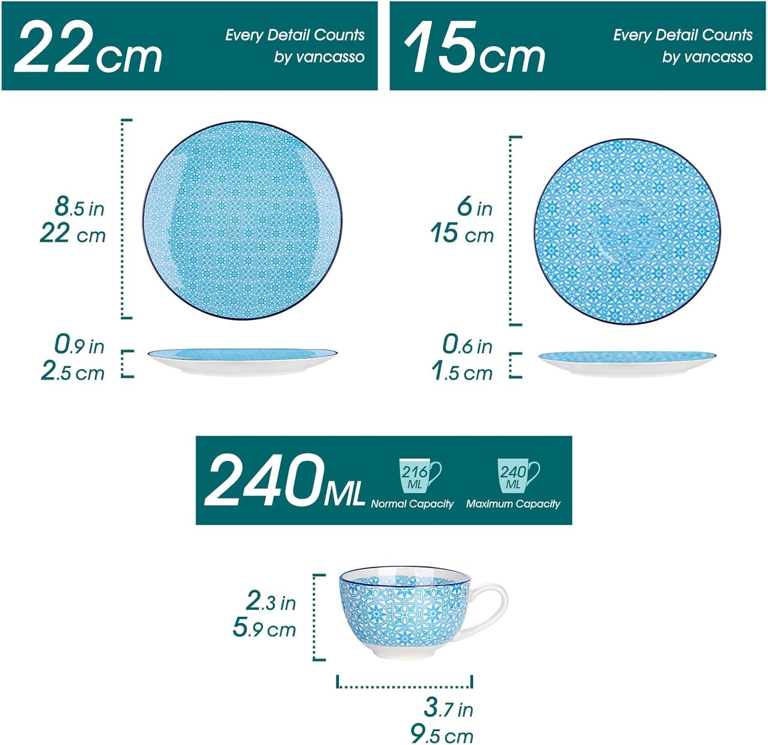Porcelánová kávová sada Vancasso Macaron, 12dílný barevný kávový servis pro 4-12 osob, sada šálků, včetně šálků na kávu, podšálků a dezertních talířků