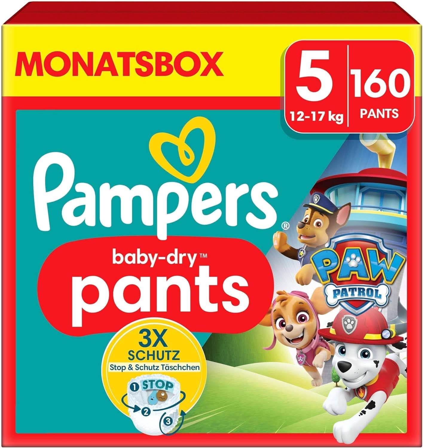 Plenky Pampers Paw Patrol Pants vel. 5 (12-17Kg) Baby-Dry, Junior s kapsou Stop and Protect, MĚSÍČNÍ BOX, 160 plen Naty Shop 5 (160 kusů) Novinka