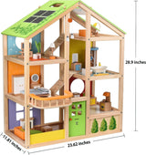 Hape Four Seasons Dollhouse - oceněný třípatrový dřevěný domeček pro panenky s nábytkem, doplňky, posuvnými schody a otočnou střechou pro všechna roční období, pro děti od 3 let