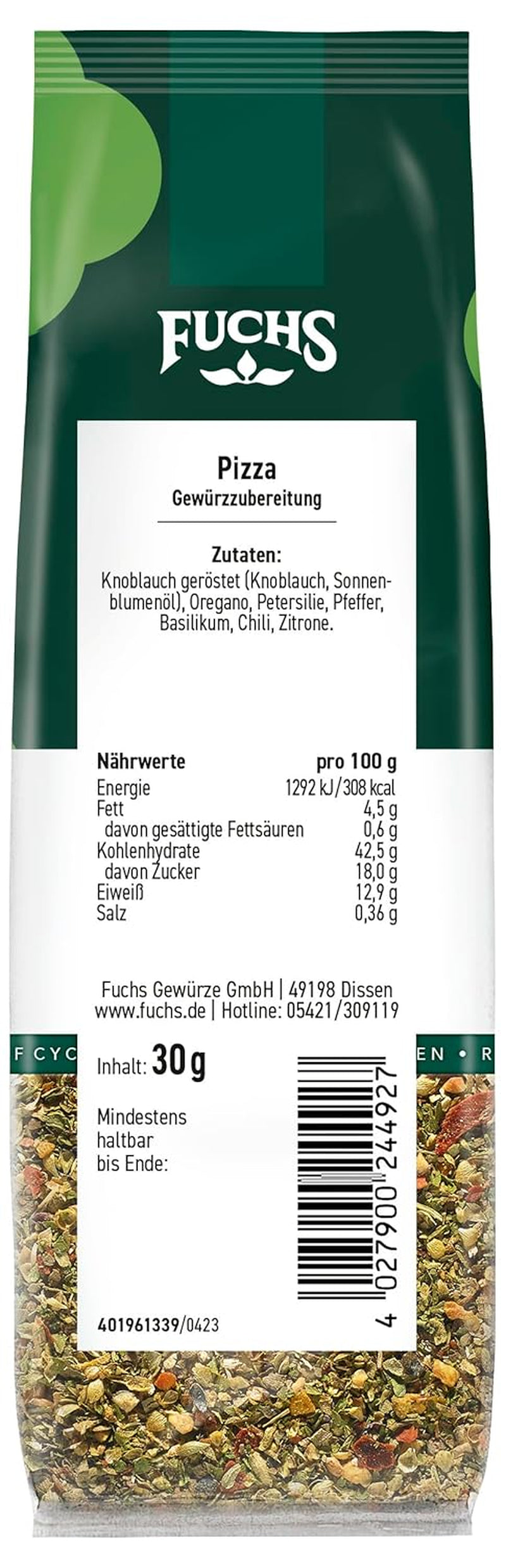 Fuchs Gewürze - Pizza Gewürzzubereitung v recyklovatelném Nachfüllbeutel, Gewürzmischung mit Italianen Kräutern, ideální pro Bruschetta - 30 g