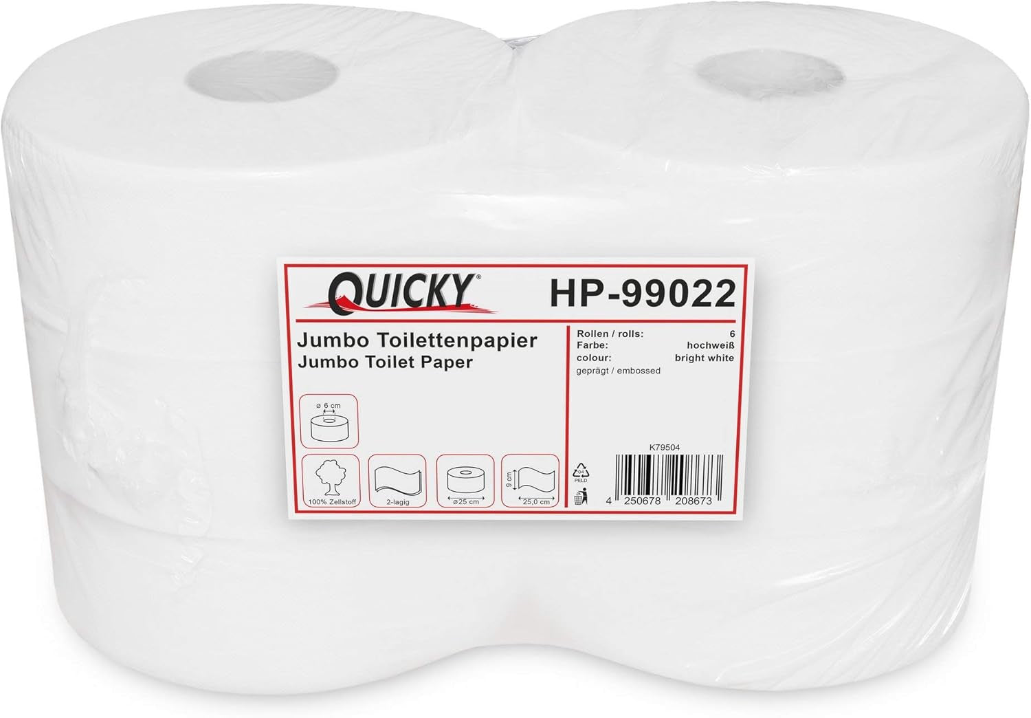 Quicky Jumbo 2vrstvý toaletní papír, Ø 25 cm, zářivě bílý, reliéfní s jemnými tečkami, 6 rolí - savý a odolný proti roztržení pro maximální hygienu, ideální pro veřejné instituce a průmysl