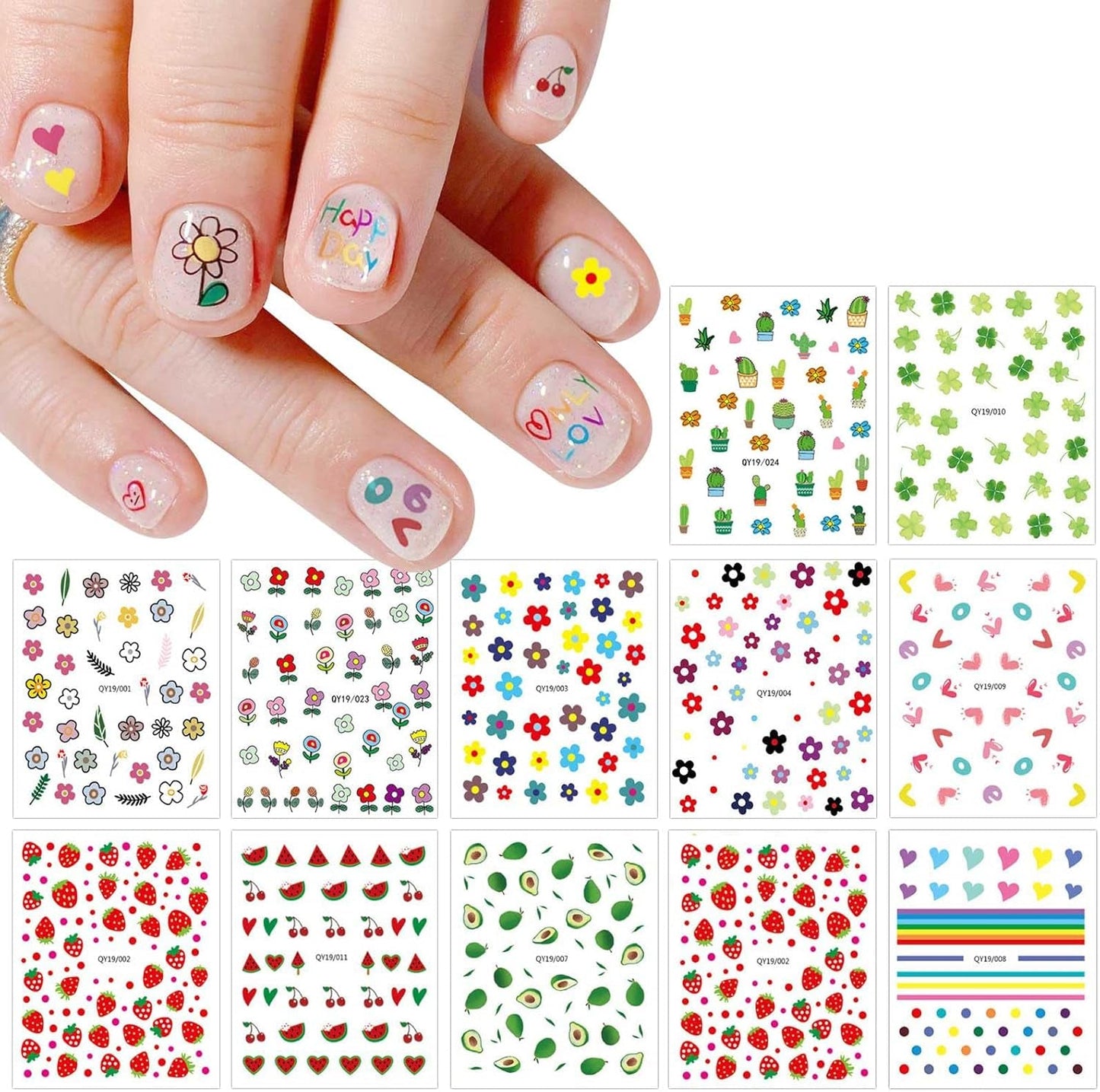 JMEOWIO Süße Nagelsticker Für Kinder 14 Blatt Nail Art Sticker Selbtklebend Nagelaufkleber Regenbogen Blumen Frucht Dekoration Nageldesign Zubehör