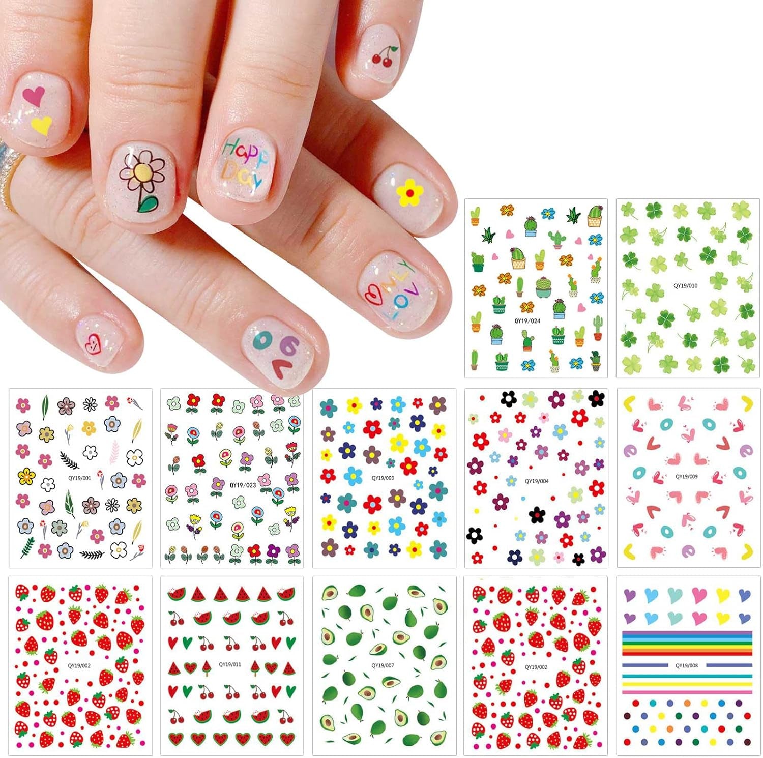 JMEOWIO Süße Nagelsticker Für Kinder 14 Blatt Nail Art Sticker Selbtklebend Nagelaufkleber Regenbogen Blumen Frucht Dekoration Nageldesign Zubehör