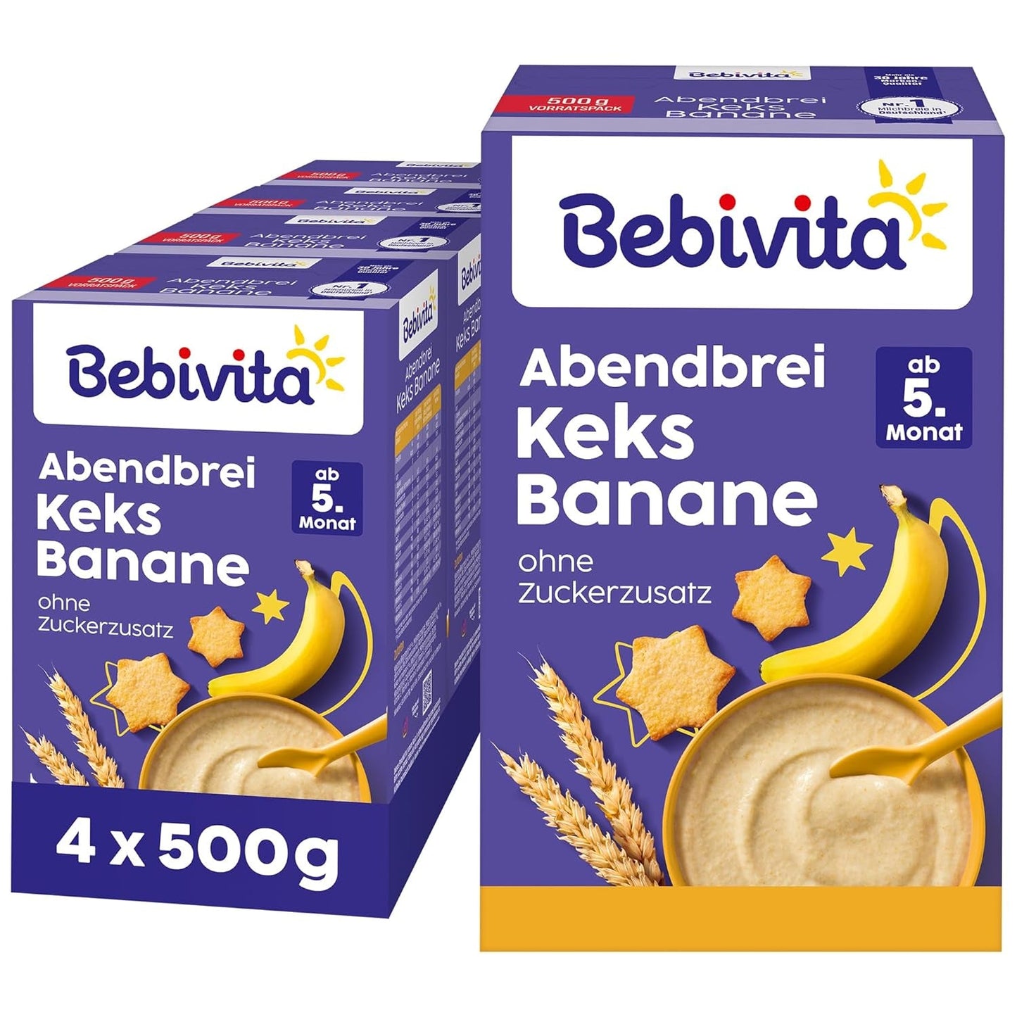 Večerní kaše se sušenkami a banány (4x500g), mléčná kaše od 5 měsíců, bez přidaného cukru, s cennými minerály a vitamíny, velmi zasytí
