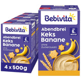 Večerní kaše se sušenkami a banány (4x500g), mléčná kaše od 5 měsíců, bez přidaného cukru, s cennými minerály a vitamíny, velmi zasytí
