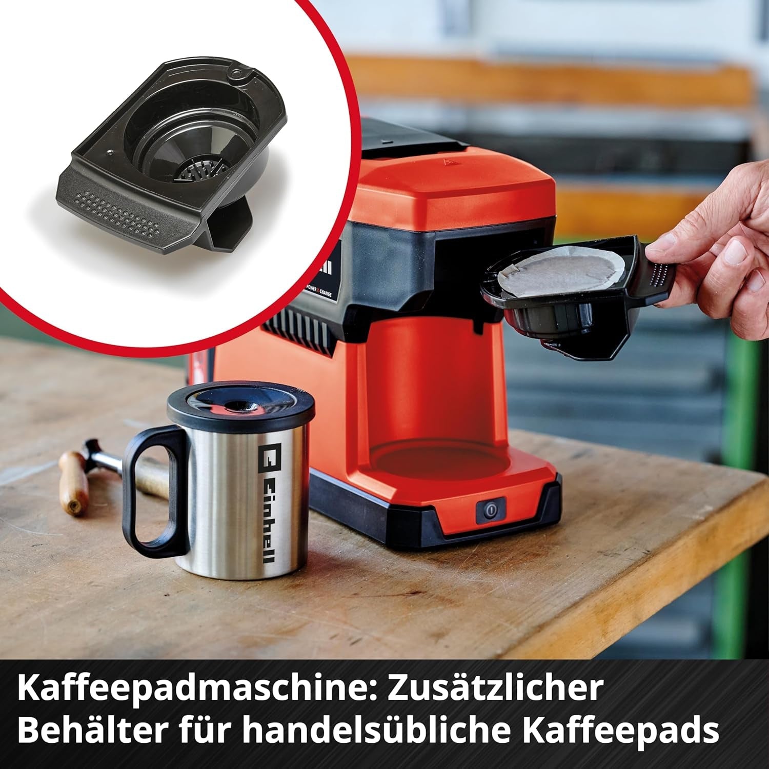 Akumulátorový espresso kávovar Einhell TE-CF 18 Li-Solo Power X-Change (18 V, nádržka na vodu 240 ml, na filtrovanou kávu a kávové kapsle, madlo na přenášení, včetně šálku na kávu s víčkem, bez baterie)