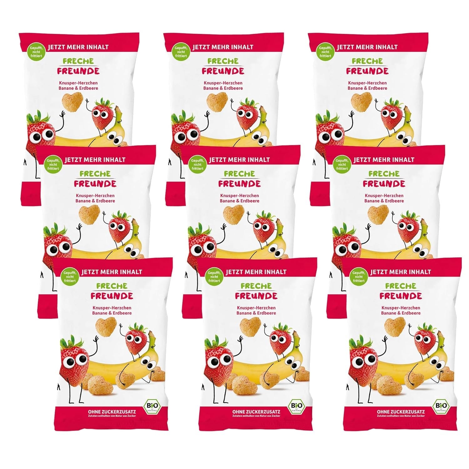100% jahodové bio ovocné chipsy mrazem sušené jahodové chipsy Balení po 12 kusech (12 x 12 g) a křupavé srdce banán & jahoda bio dětské a kojenecké občerstvení (9 x 30 g) 270 g