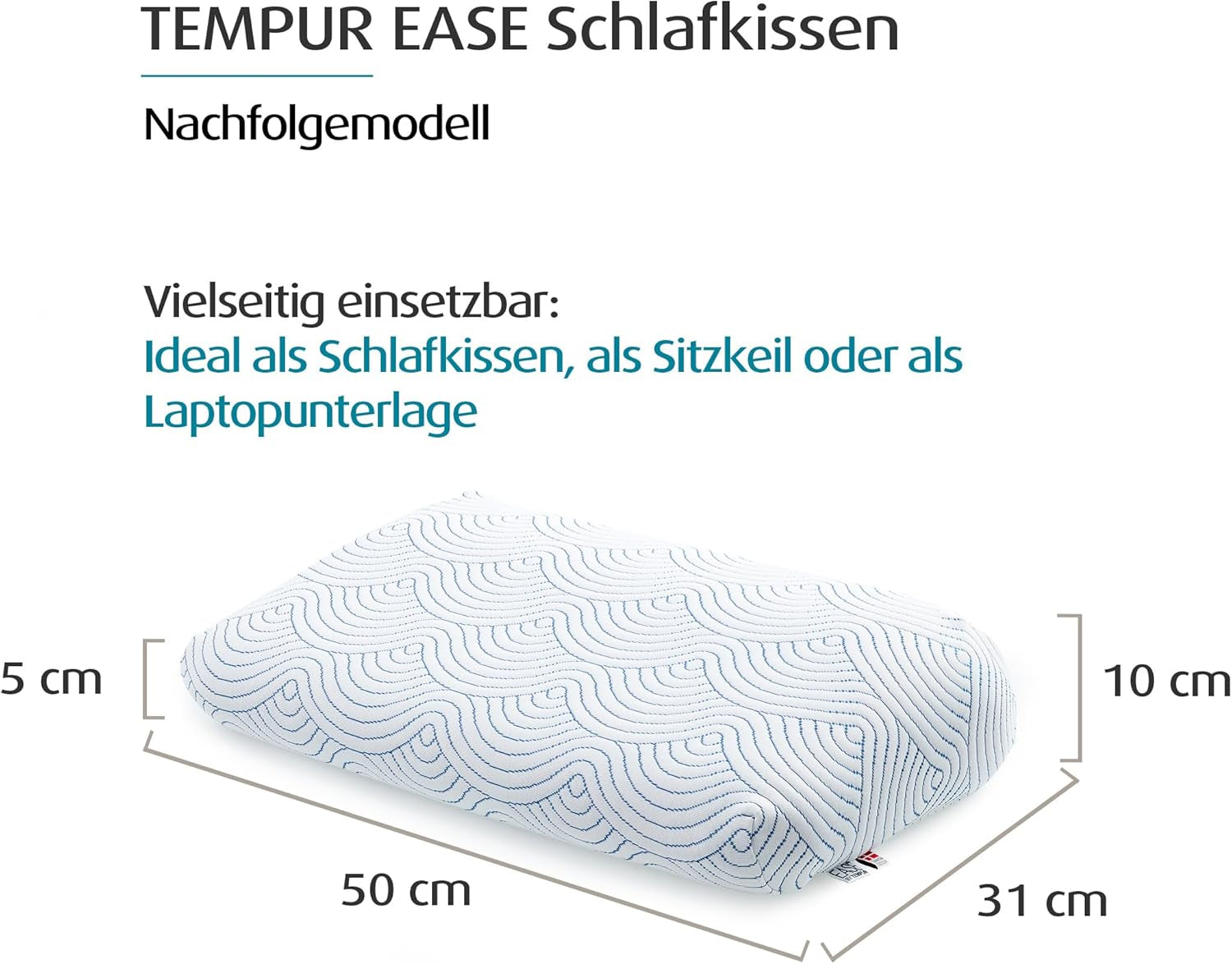 TEMPUR EASE polštář na spaní z paměťové pěny, ergonomický polštář na podporu krku pro jakoukoli polohu spánku, pevná podpora, 50 x 31 x 10/5 cm, bílé standardní polštáře Naty Shop