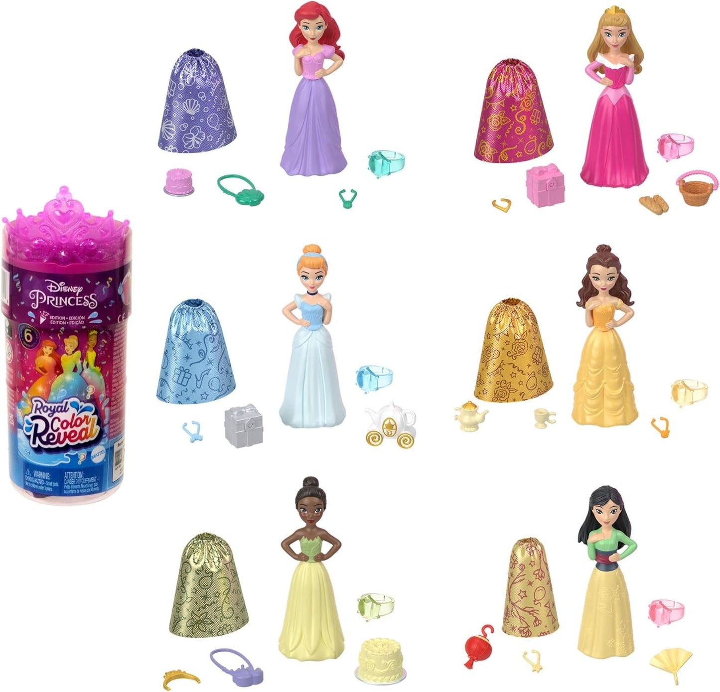 Disney Princess Color Reveal – 6 panenek s překvapením aktivovaných vodou, doplňky, pro děti od 3 let, Ariel, Tiana, Mulan, Popelka, Belle, Aurora, HPX39
