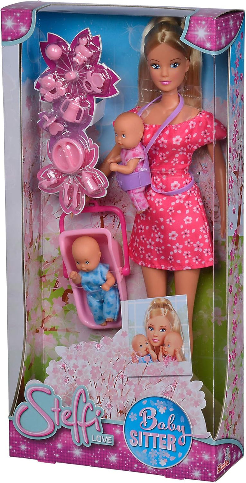 Simba 105730211 - Steffi Love Nanny, se dvěma miminky, nosičem a autosedačkou, doplňky, převlékací panenka, 29 cm, pro děti od 3 let