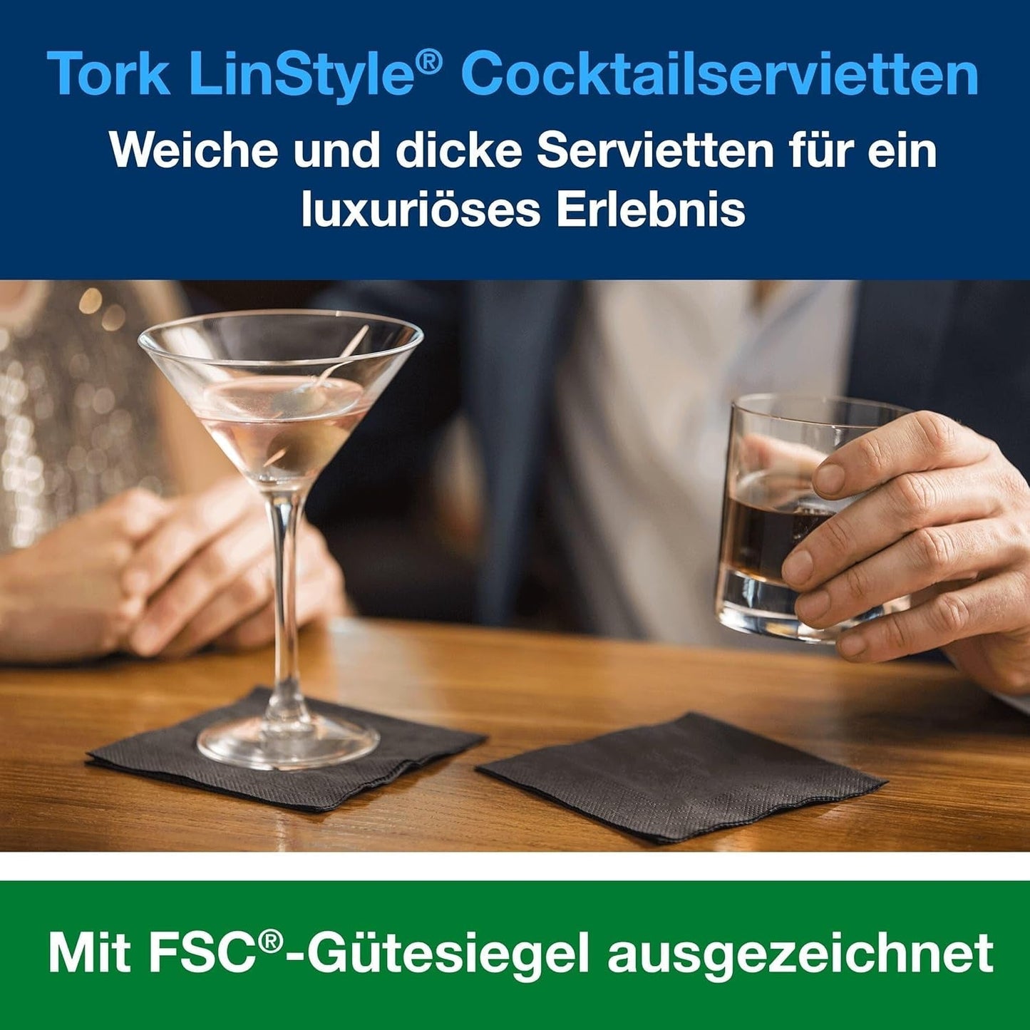 Tork Linstyle 509542 Černé koktejlové ubrousky, 1/4 skládání, 1 vrstva, 23,8 x 23,8 cm, 1 x 100 ubrousků