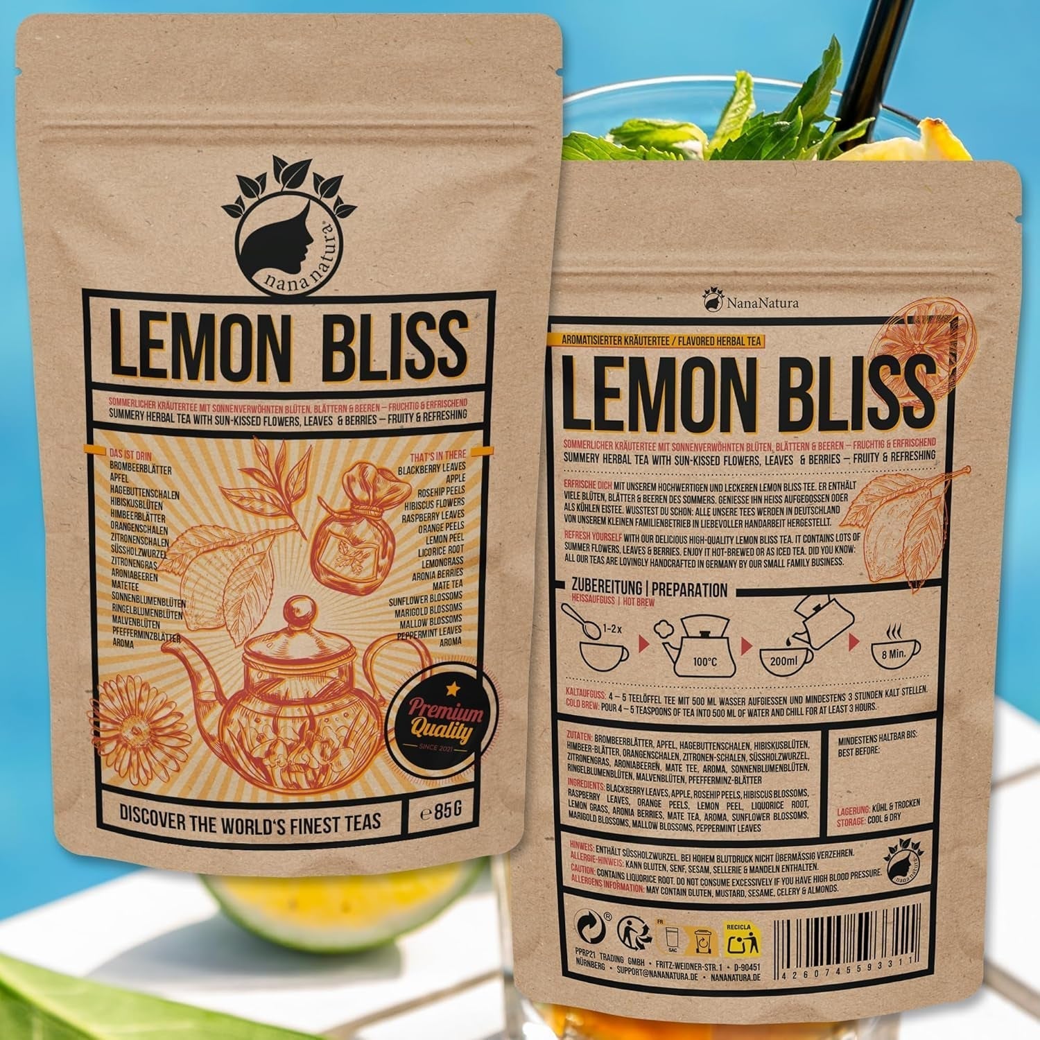 Nananatura Original LEMON BLISS TEA 85G | Ovocný a osvěžující letní bylinkový čaj | Jako studený čaj, ledový čaj nebo klasický horký | S květy, listy a na slunci vyzrálými bobulemi | Žádný cukr
