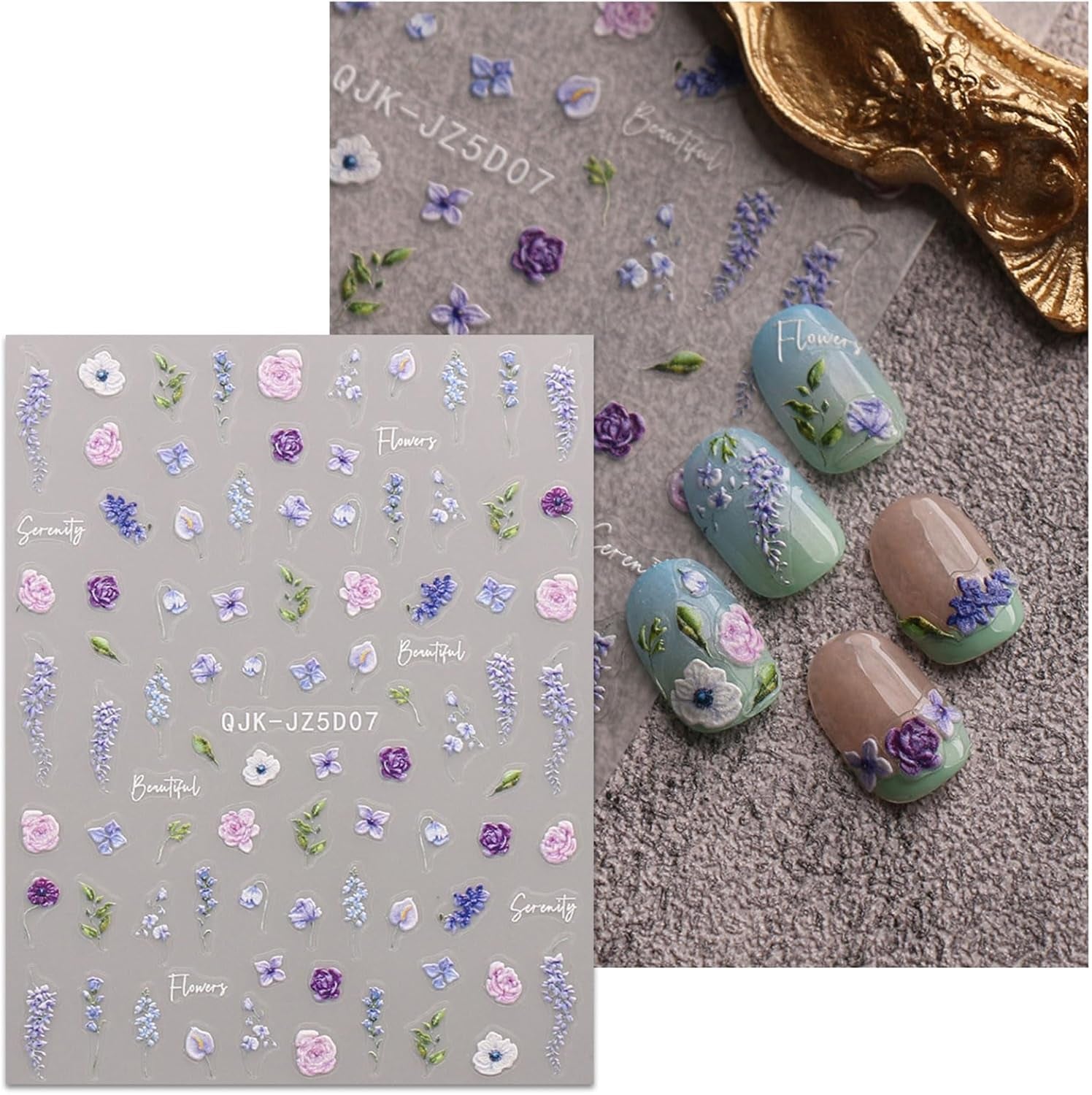 JMEOWIO 3D Nálepka na nehty Blumen Nálepka na nehty Selbstklebend Nagelaufkleber 5D Stereoskopické jarní letní Dekorace Blumen Nageldesign Zubehör 4 Blatt