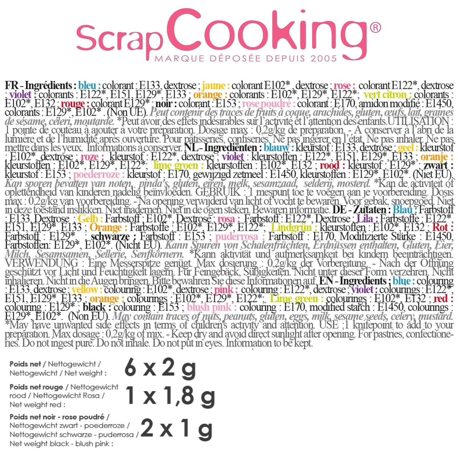 Scrapcooking - Sada 9 práškových potravinářských barviv - Modrá, Žlutá, Růžová, Fialová, Oranžová, Limetkově zelená, Červená, Pudrově růžová, Černá - Jedlé barvivo v prášku na dorty, muffiny, macarony - 4270