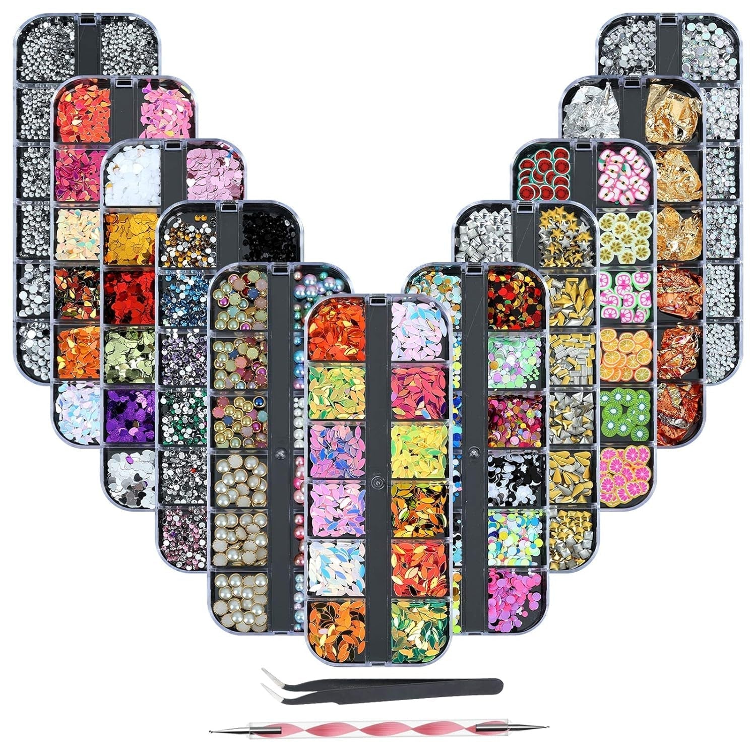 8 Boxen Nail Art Strass Kit - Nail Art Gemischt Strass Set, Nagel Kunst Strasssteine ​​​​Gems Perlen Edelsteine ​​Bunt Pferdeaugen Strass Für Nageldesign Zubehör Mit 1 Pinzetten Und 1 Strass Picker Für DIY