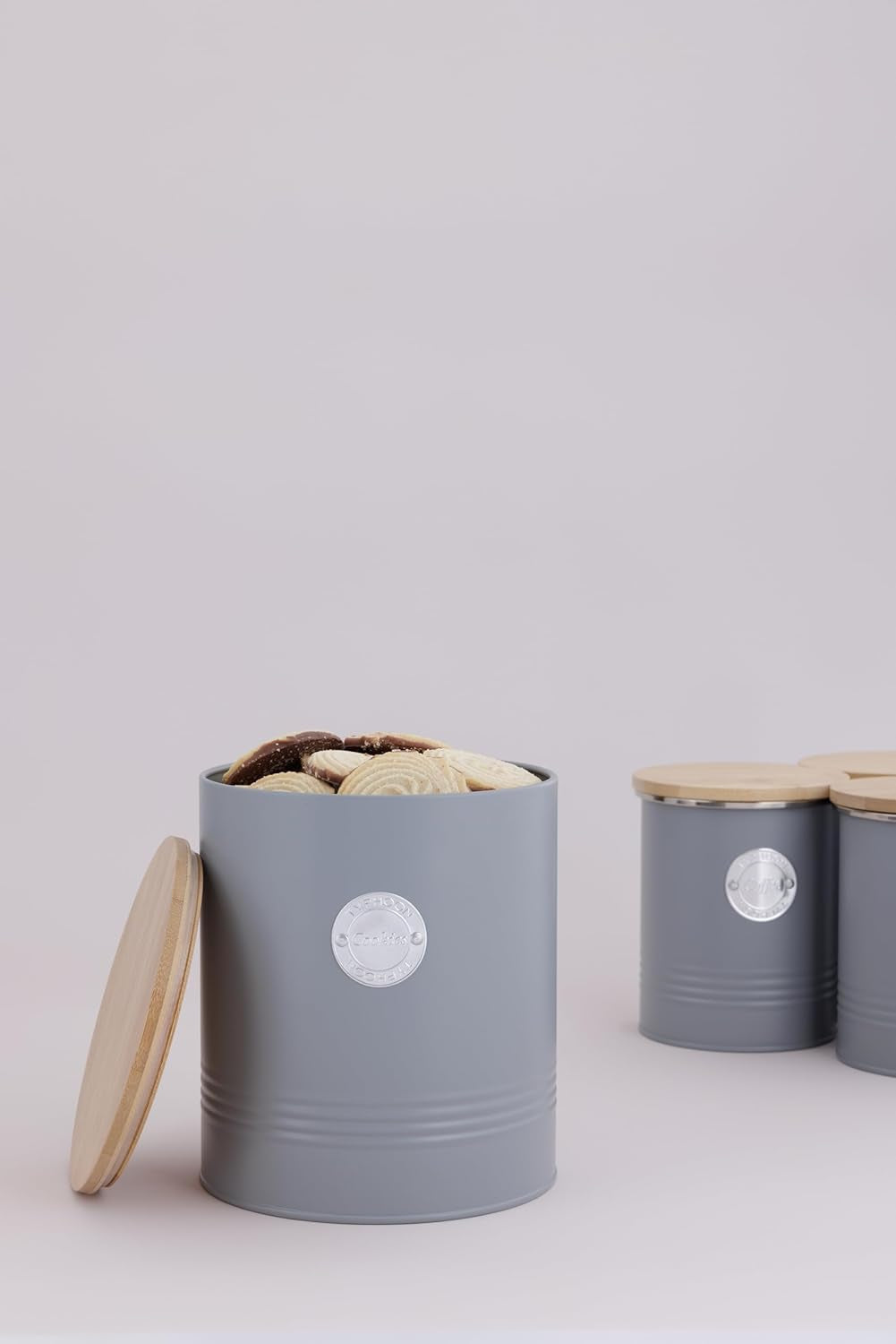 LIVING kolekce, dóza na sušenky s víčkem | pastelově šedá | 3,4L úložný box na sušenky | ocelová dóza na sušenky s víčkem | Bambusové vzduchotěsné dózy s víčky Naty Shop boxy na skladování potravin