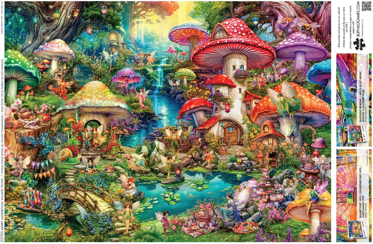 Buffalo Games - Aimee Stewart - Piknik Merry Mushroom Village - 1000dílné puzzle pro dospělé, náročné puzzle, ideální pro herní večery - Připravená velikost 26,75 x 19,75 cm Puzzle Naty Shop