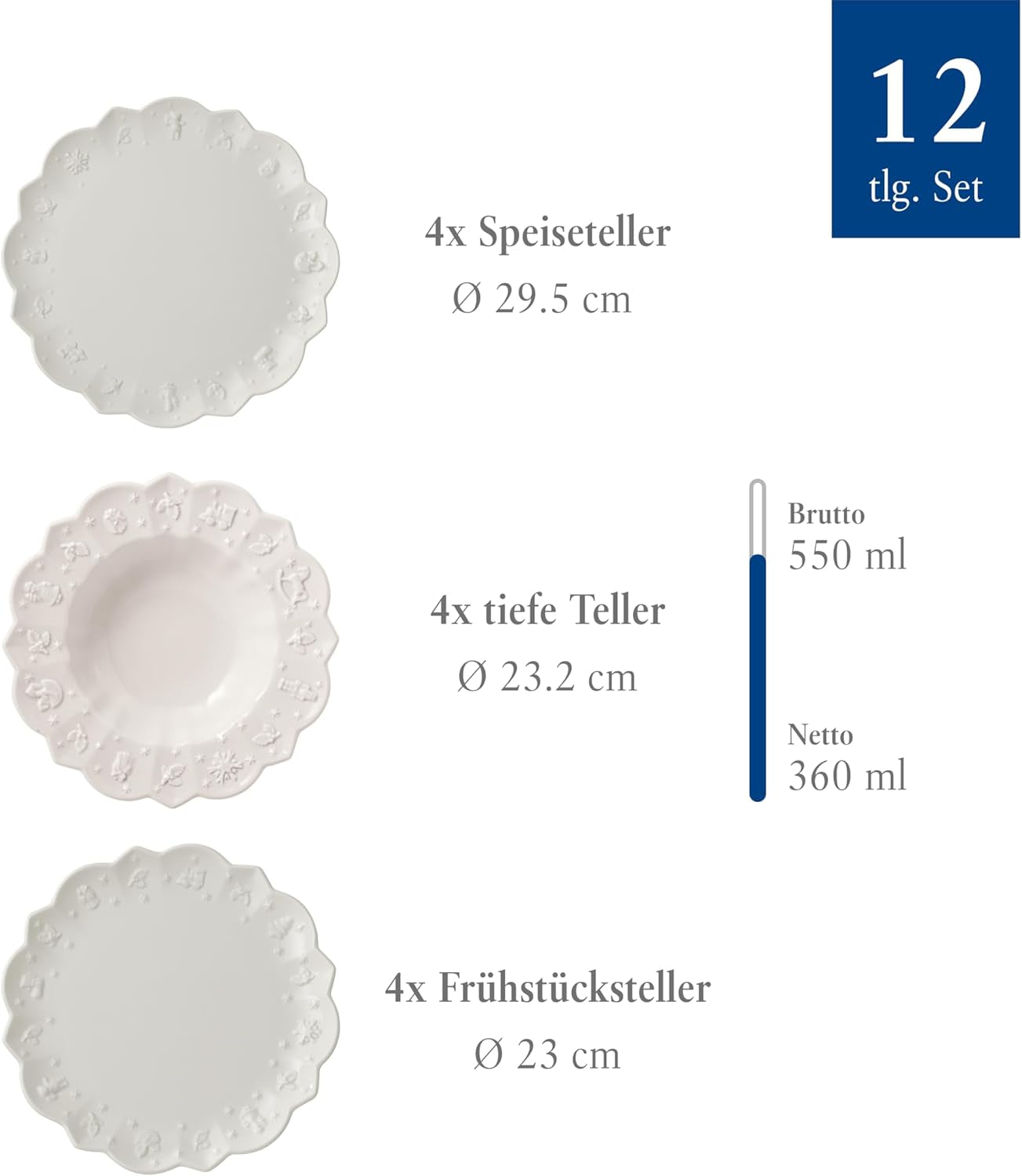 Villeroy & Boch Toy's Delight Royal Classic 12dílná sada nádobí, vhodné do myčky a mikrovlnné trouby, bílé, talíře, sada nádobí pro 4 osoby, vánoční nádobí, hračky, prémiový porcelán