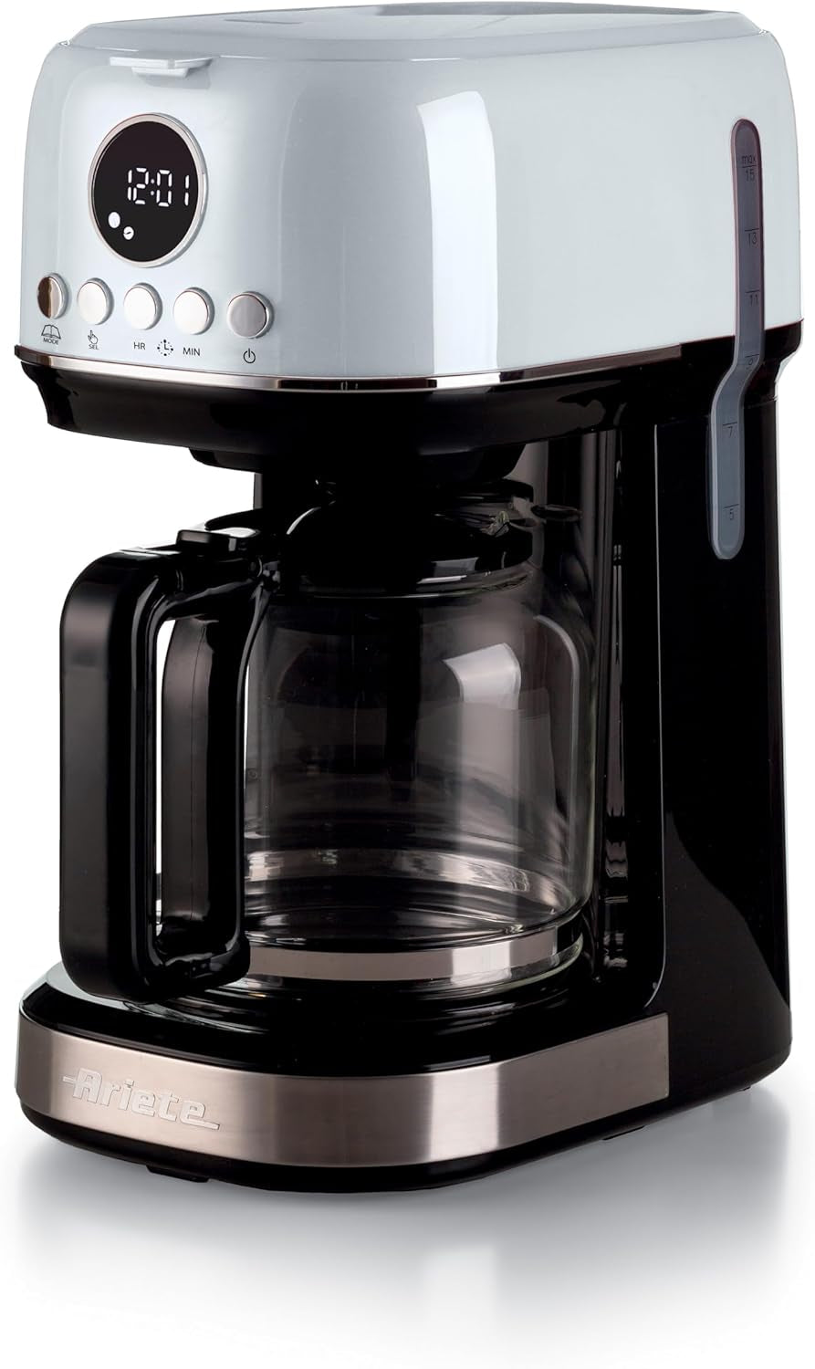 Espresso kávovar Ariete Moderna 1396 s filtrem pro přípravu americké kávy Až 15 šálků Skleněná karafa Topná deska LCD displej Vyjímatelné a omyvatelné filtry Bílé