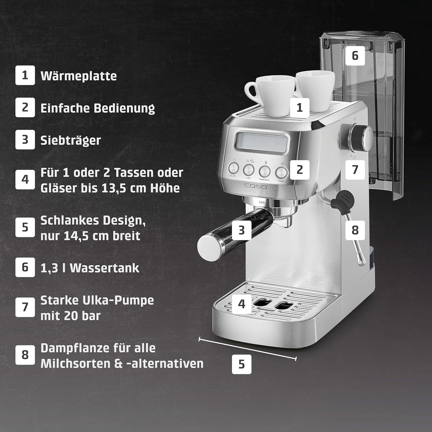 CASO EspressoGourmet Crema - espresso kávovar Portafilter s napěňovačem mléka, espresso, cappuccino, nerezový portafiltr, pumpa ULKA 20 bar, kávovar, mletá káva, kapsle ESE