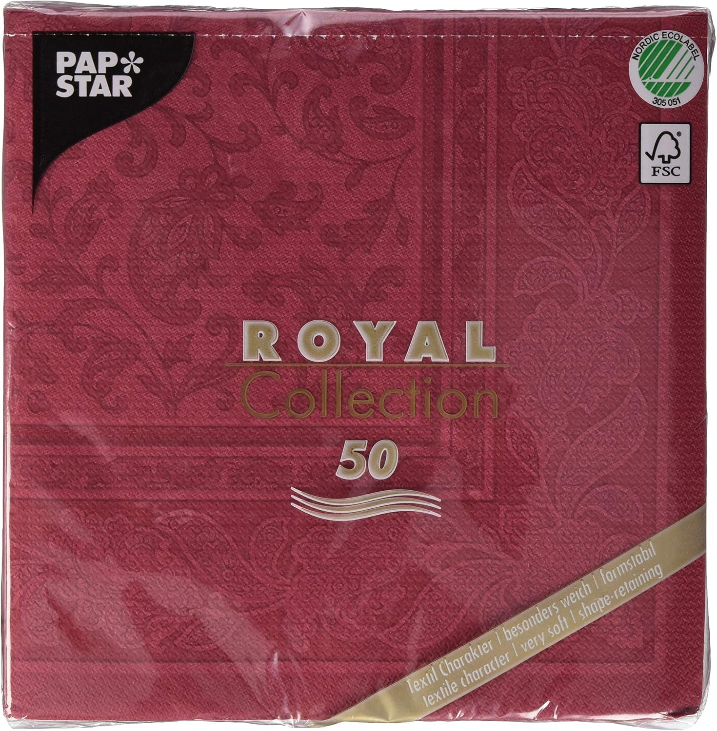 50 ubrousků "ROYAL Collection" 1/4 násobek 40 cm X 40 cm Bordeaux "Ornaments"