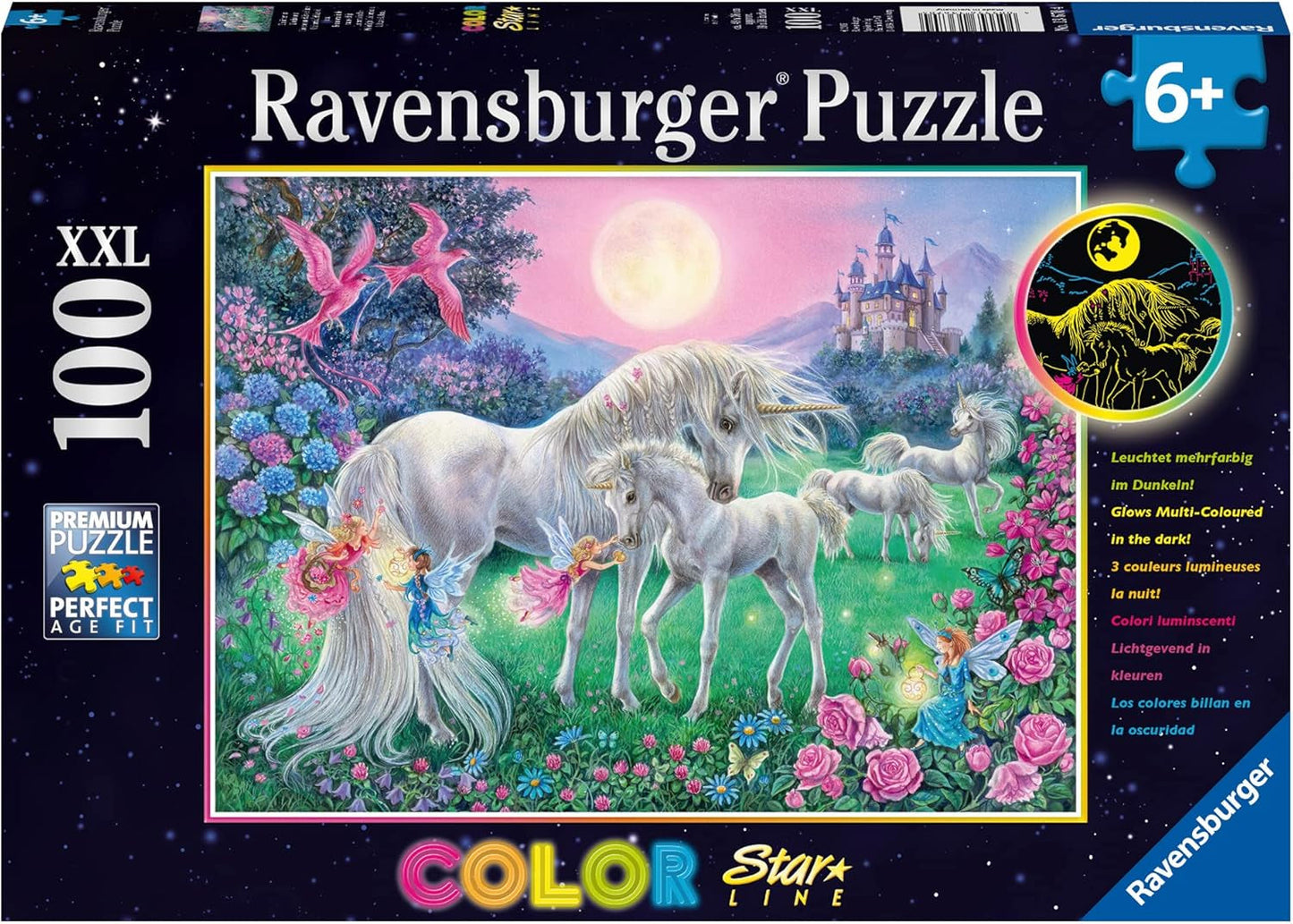 Puzzle Ravensburger pro děti - 13670 jednorožců za měsíčního svitu - rozsvícené puzzle s jednorožcem pro děti 6+ 100 dílků velikosti XXL, svítí ve tmě Puzzle Naty Shop Jednorožci za měsíčního svitu