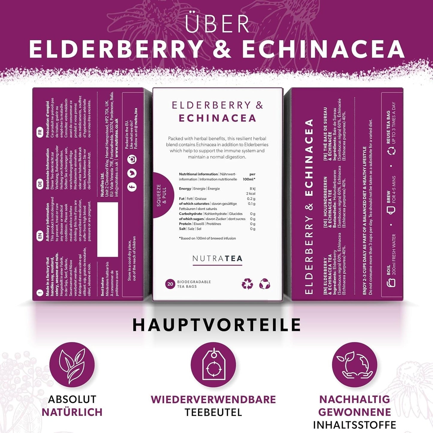 Nutra Tea Bezinka a Echinacea, Čaj Imunita a nachlazení, Čaj na podporu imunity, Boj proti nachlazení, 20 opakovaně použitelných čajových sáčků, Přírodní bylinný čaj