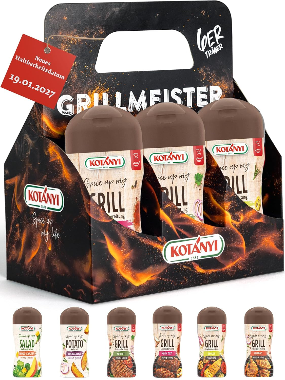KOTÁNYI Gril Spices Dárková sada - 6er Nosič - Dárky pro muže - Gril Zubehör & Spice Set für jedes BBQ - Gril Zubehör inkl. Magický prach - [Jetzt Geburtstagsgeschenk für Männer bestellen!]
