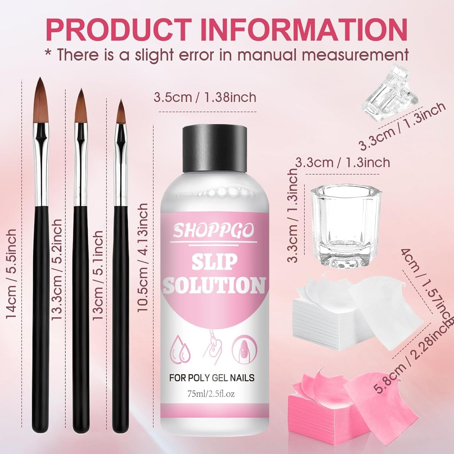 Polygelový roztok na rovnání nehtů, sada na nehty Polygel Slip Solution, roztok na rovnání nehtů 75 ml, obsahuje 5 klipů na nehty, 3 kartáčky na nehty, 1 křišťálový kelímek, 100 čisticích listů